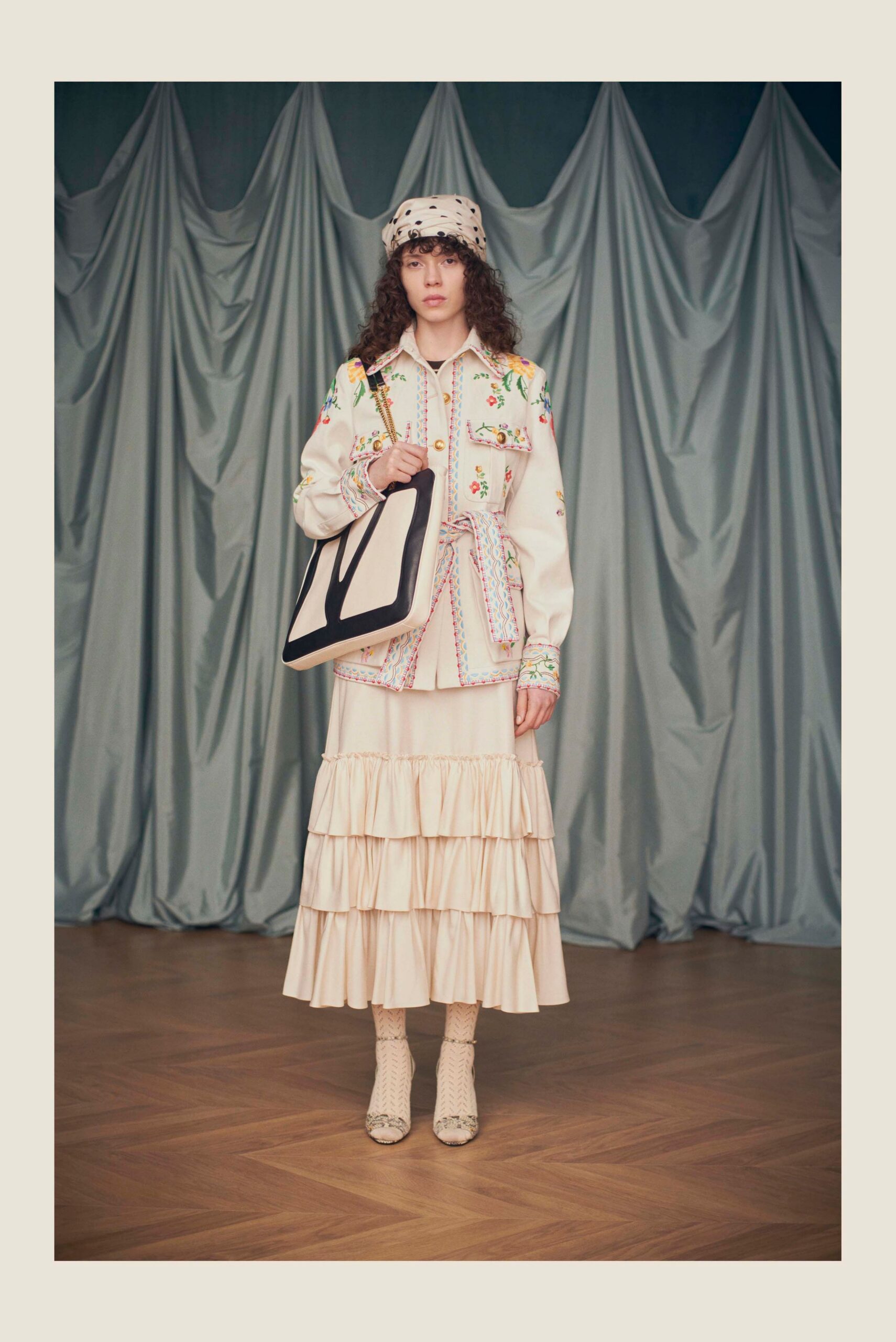 white embroidered shirt beige tiered skirt