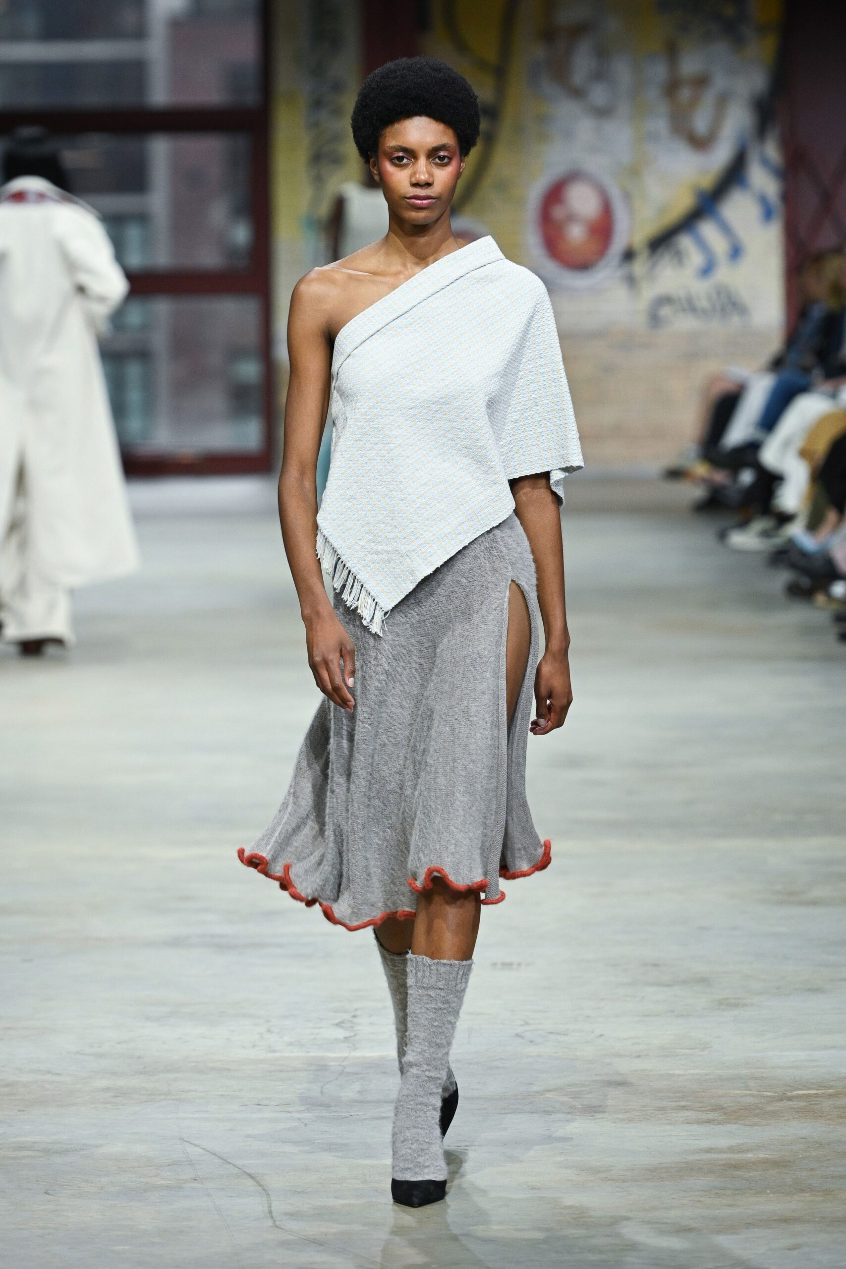 gray cotton sleeveless asymmetric fitted flared tiered dress