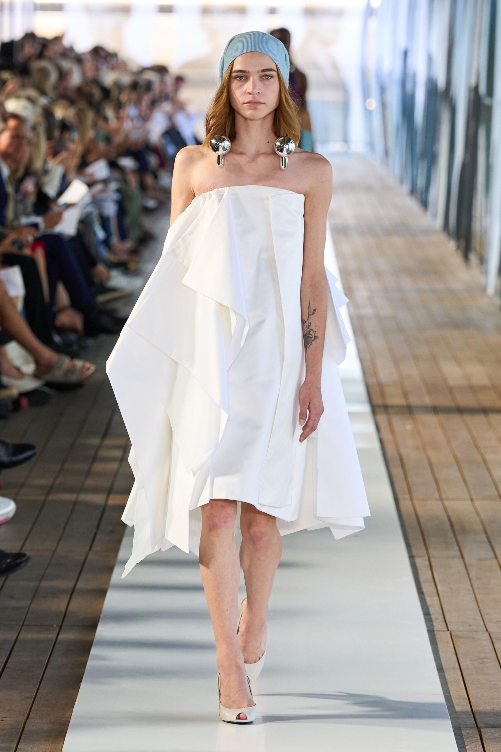 white cotton strapless fitted draped midi dress