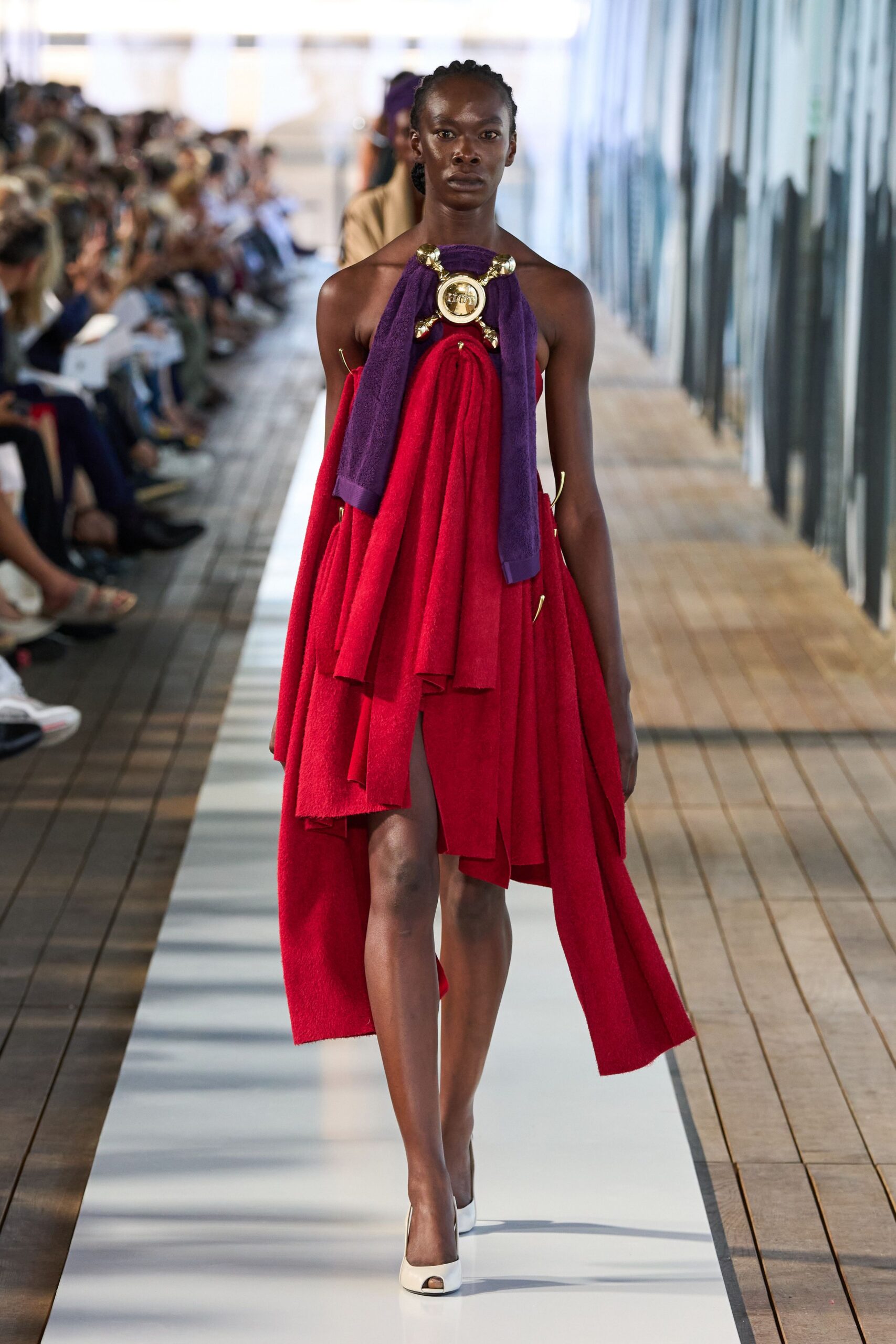 red cotton sleeveless high-neck relaxed layered midi dress