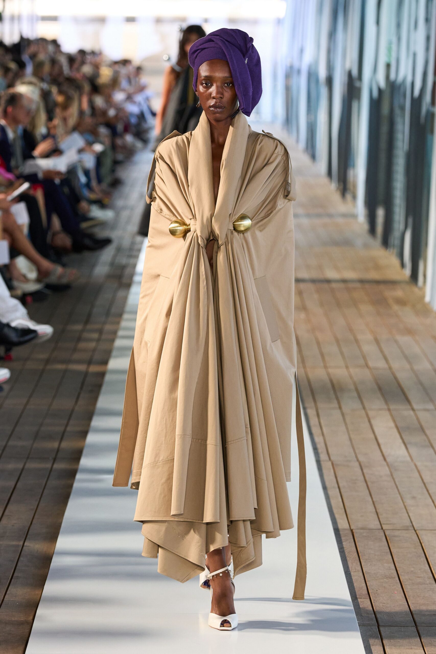 beige cotton sleeveless v-neck relaxed pleated draped dress