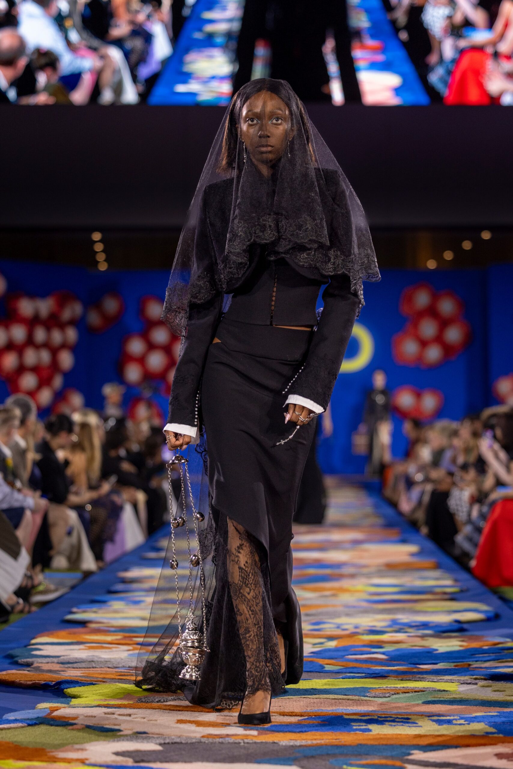 black fitted midi dress with veil