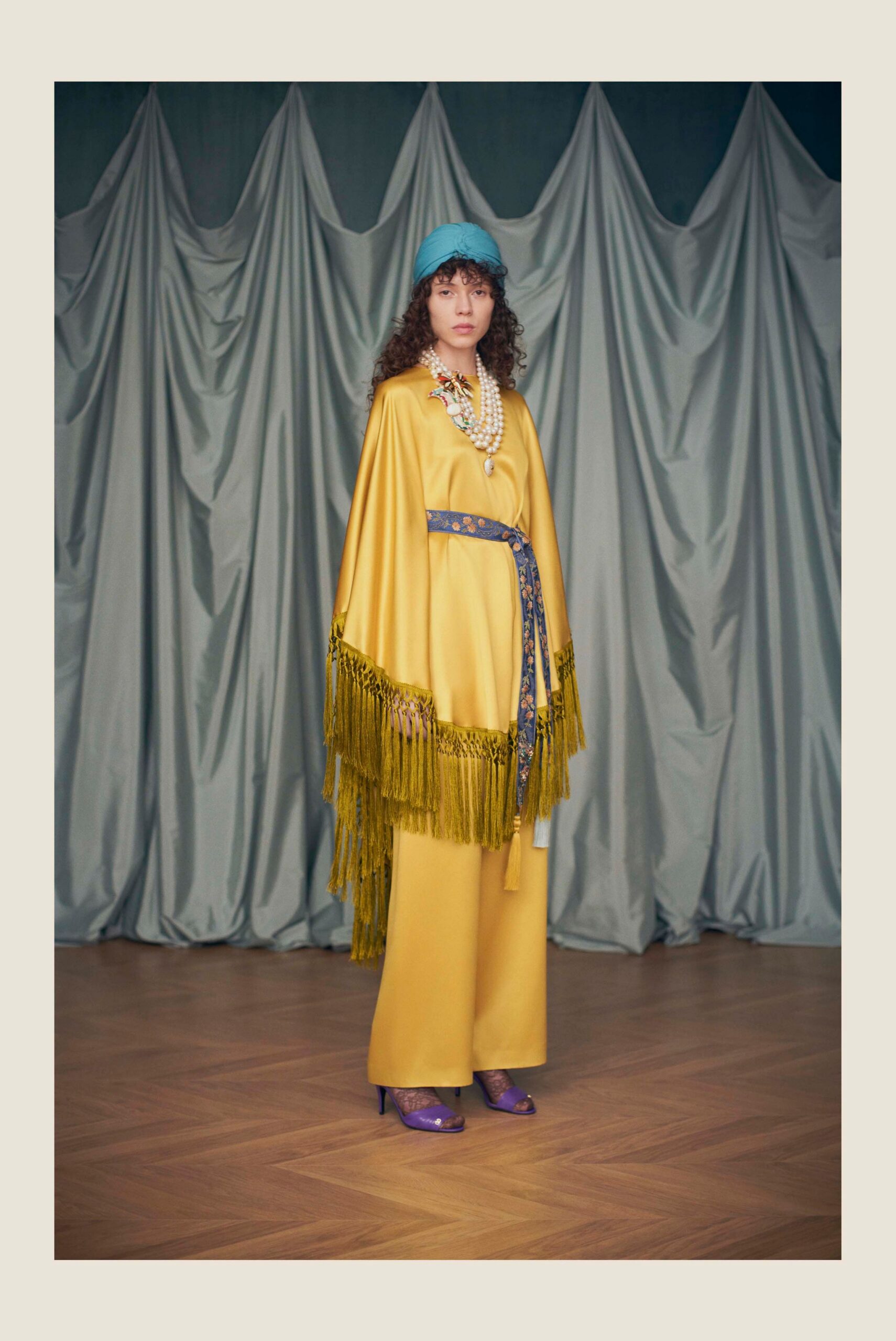 yellow silk poncho with fringe