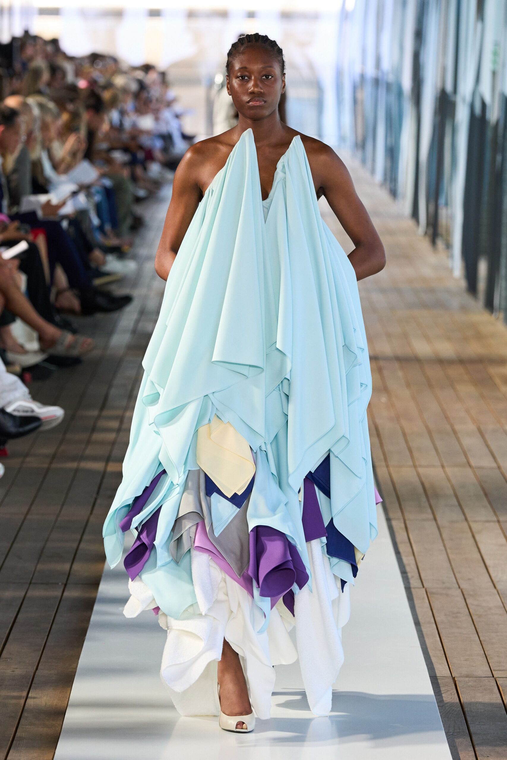 blue silk sleeveless v-neck relaxed layered draped gown