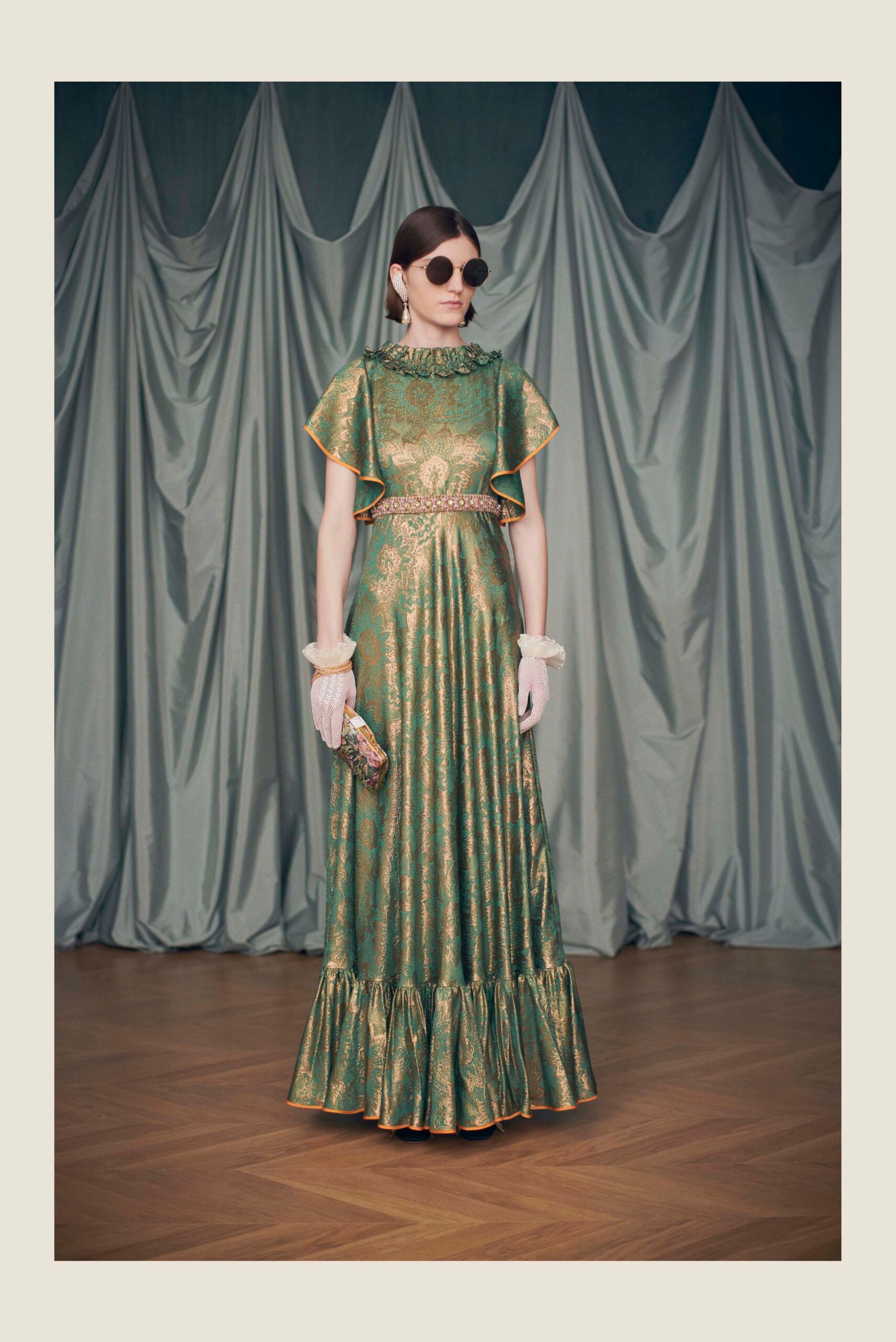 green gold pleated gown