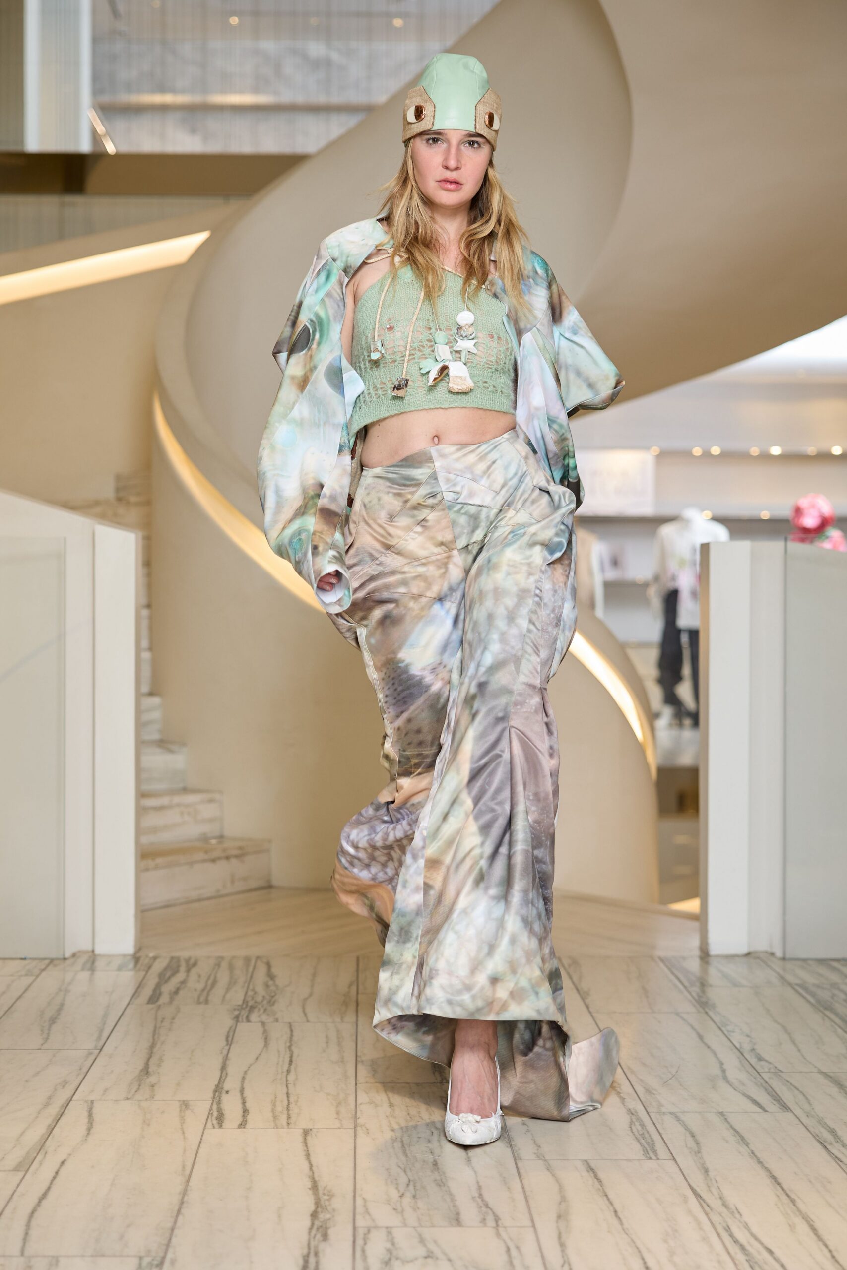 multi silk long-sleeve relaxed draped flowing maxi skirt