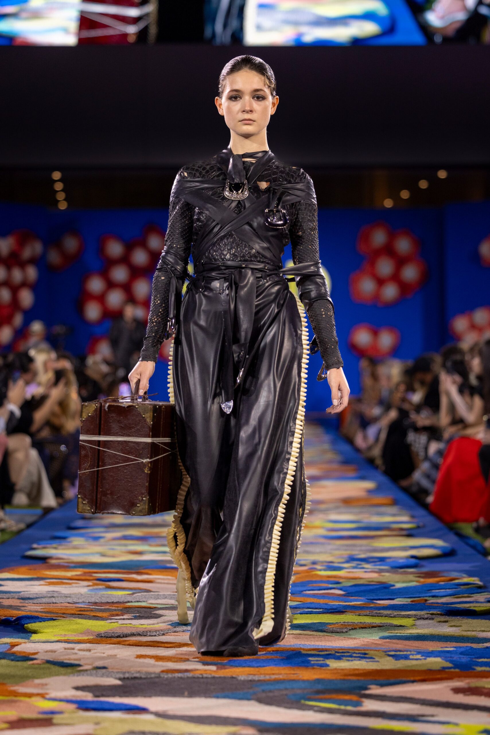 black leather fitted gown with bag