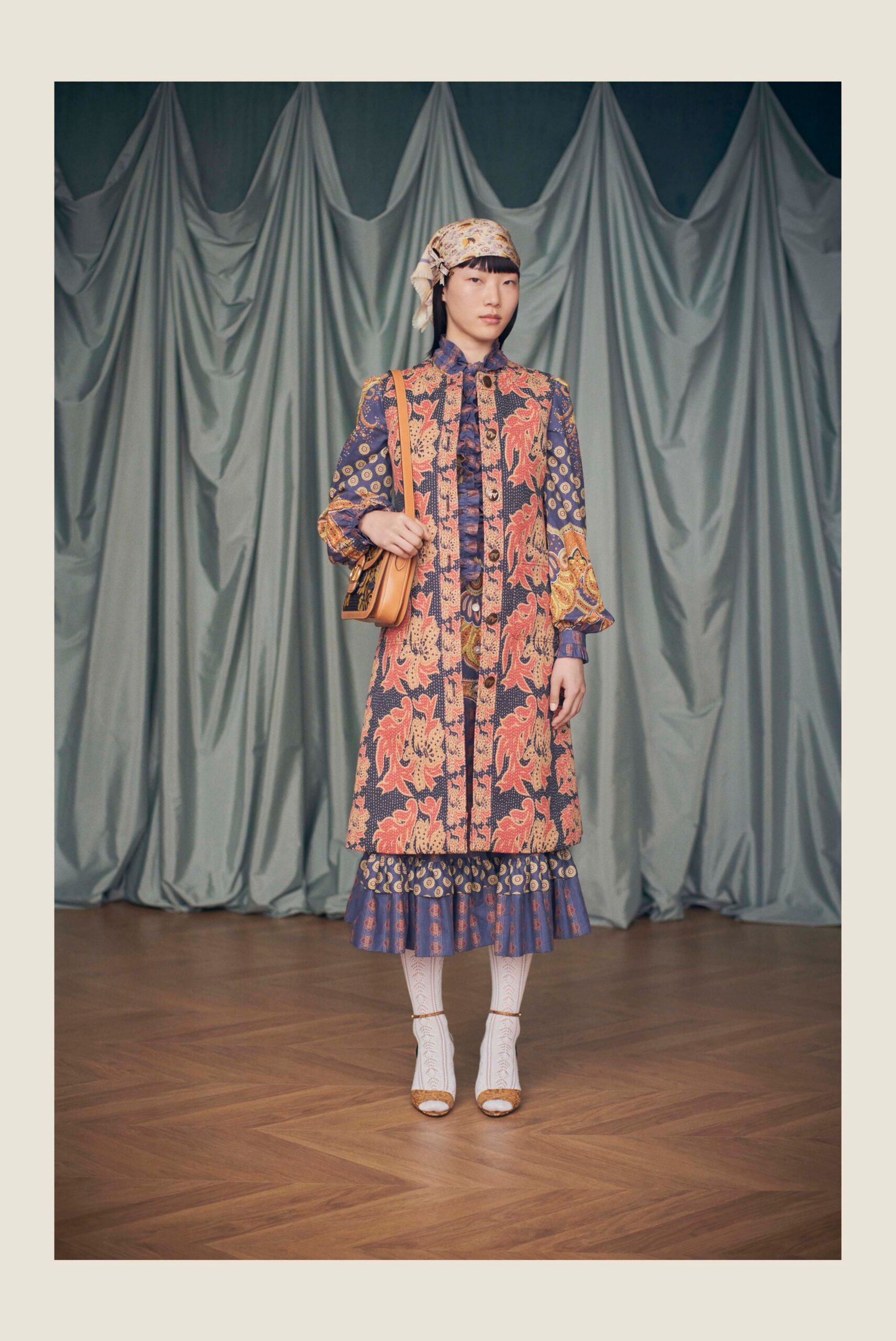 purple cotton long-sleeve collared fitted floral buttoned dress