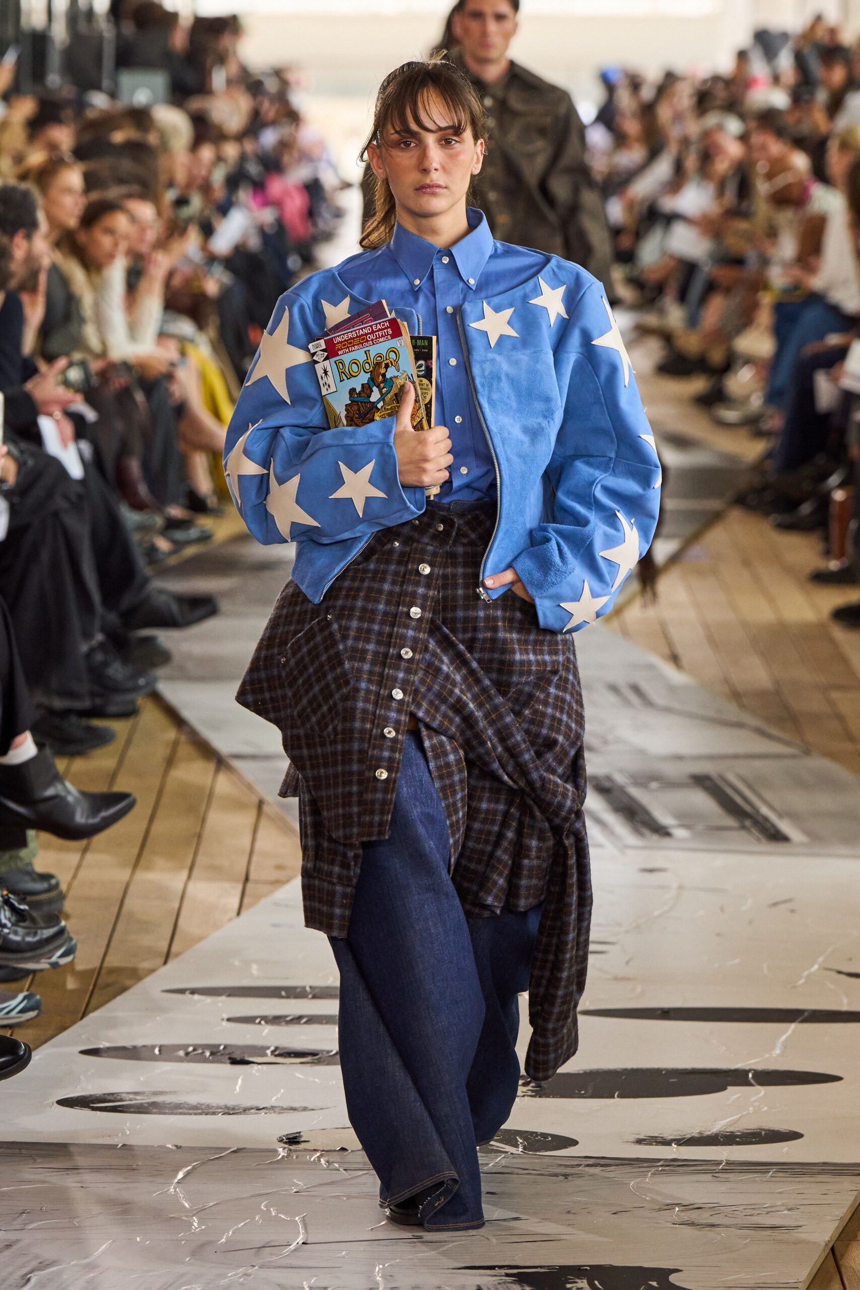 blue cotton long-sleeve collared relaxed printed jacket