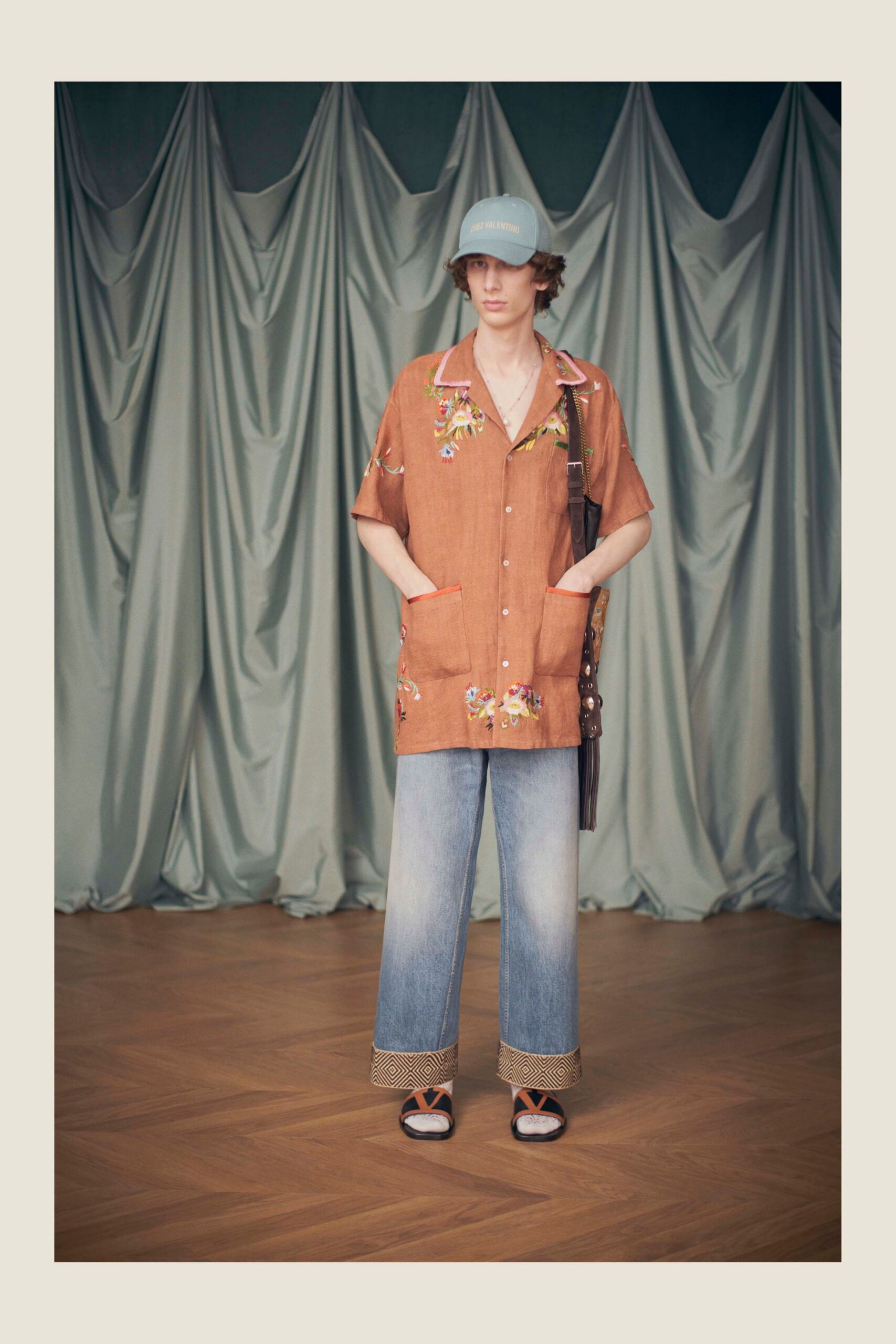 orange cotton short-sleeve collared relaxed embroidered pockets shirt