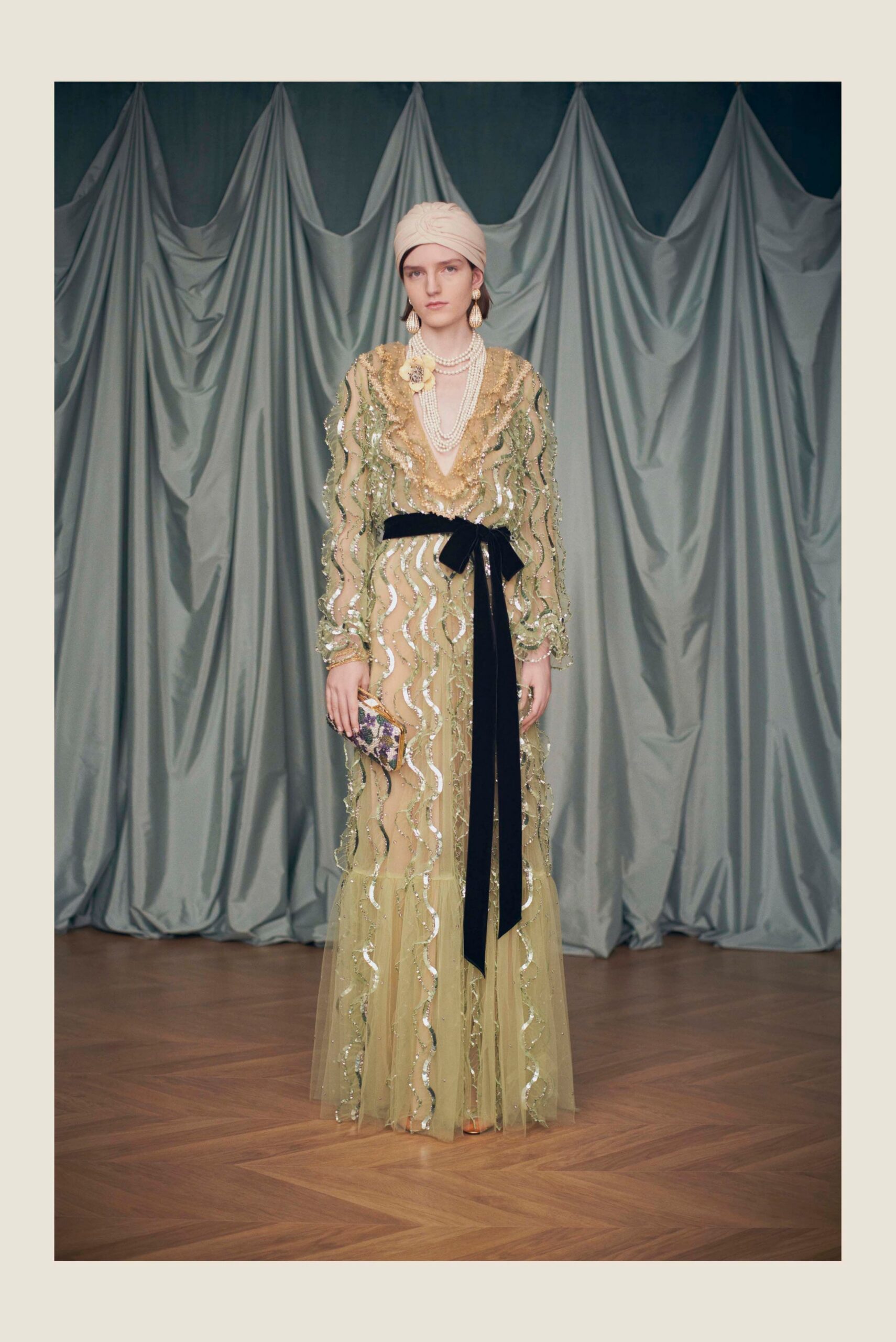 yellow tulle long-sleeve v-neck fitted embellished tiered gown