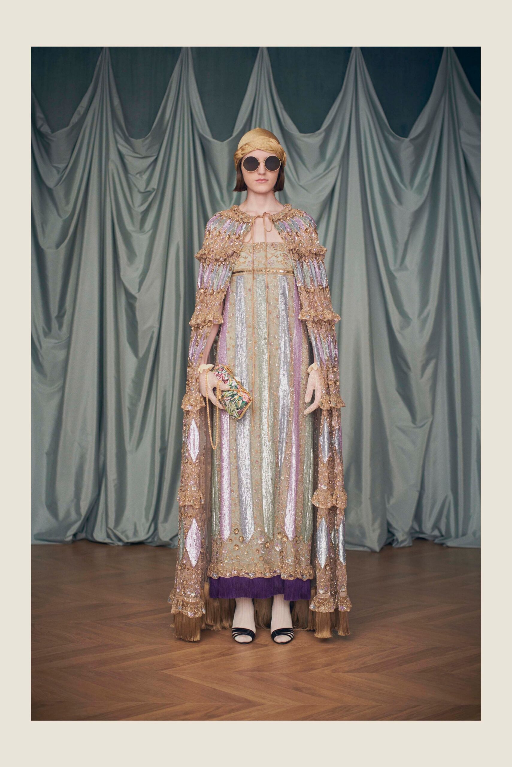 gold sequin long-sleeve collared fitted embellished tiered gown