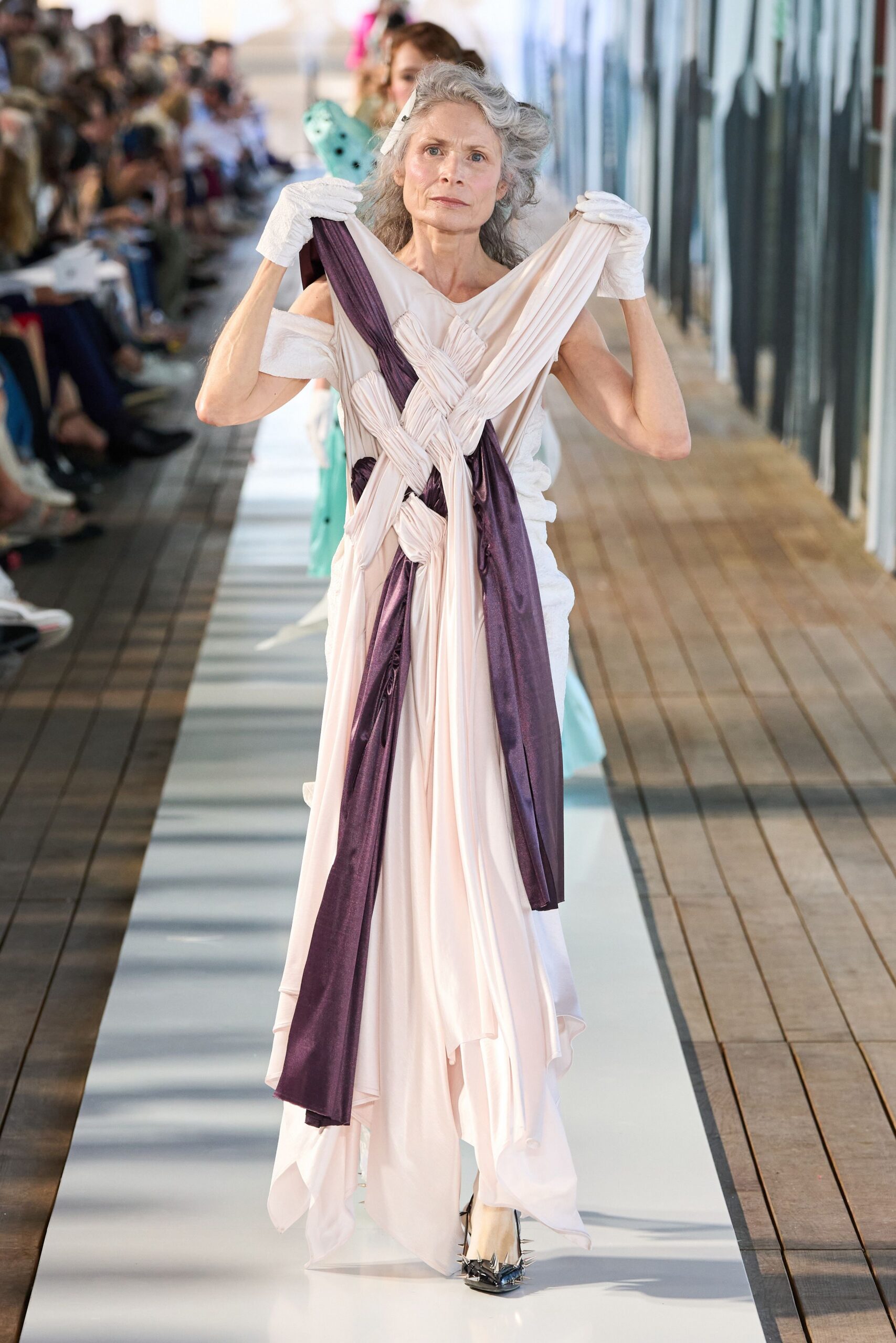 pink and purple draped gown