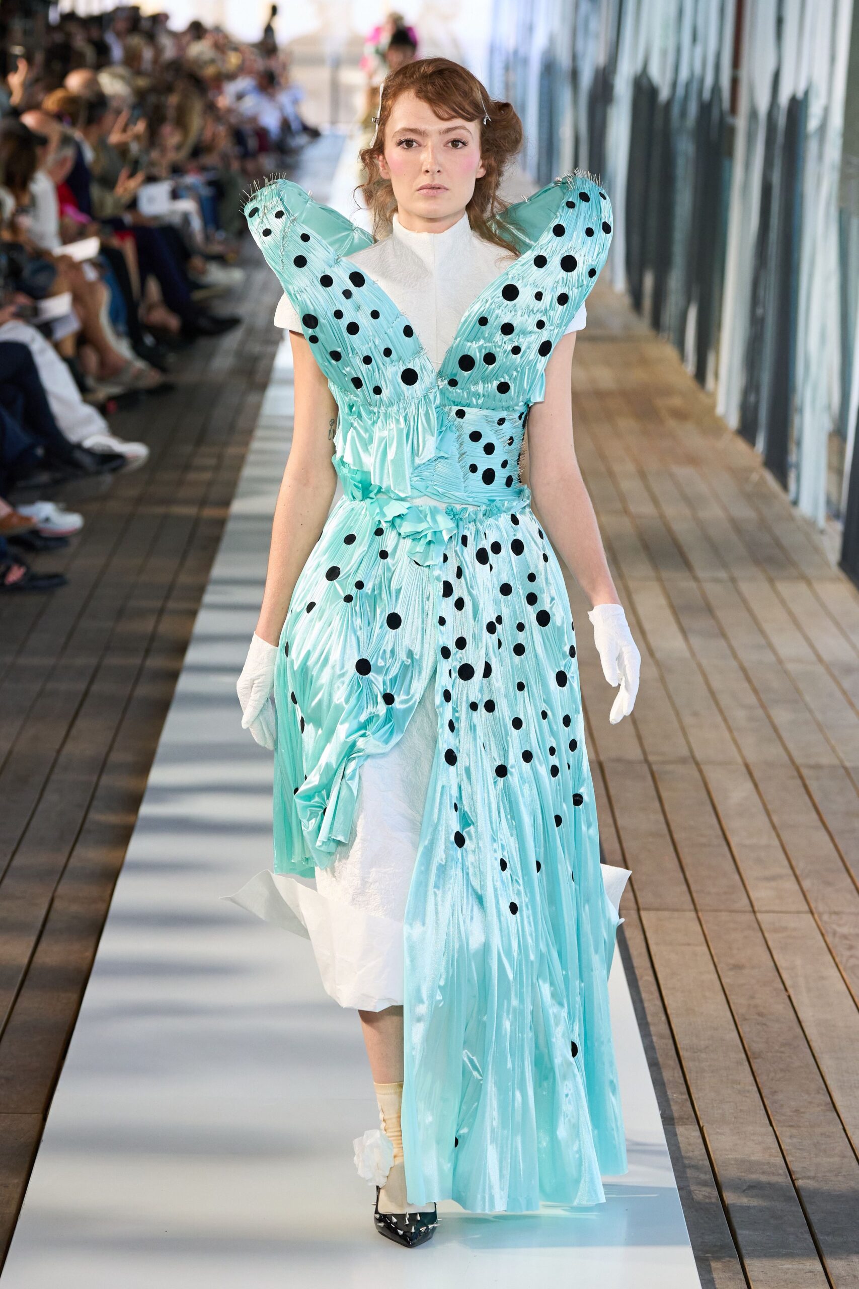 teal silk sleeveless high-neck fitted pleated embroidered dress
