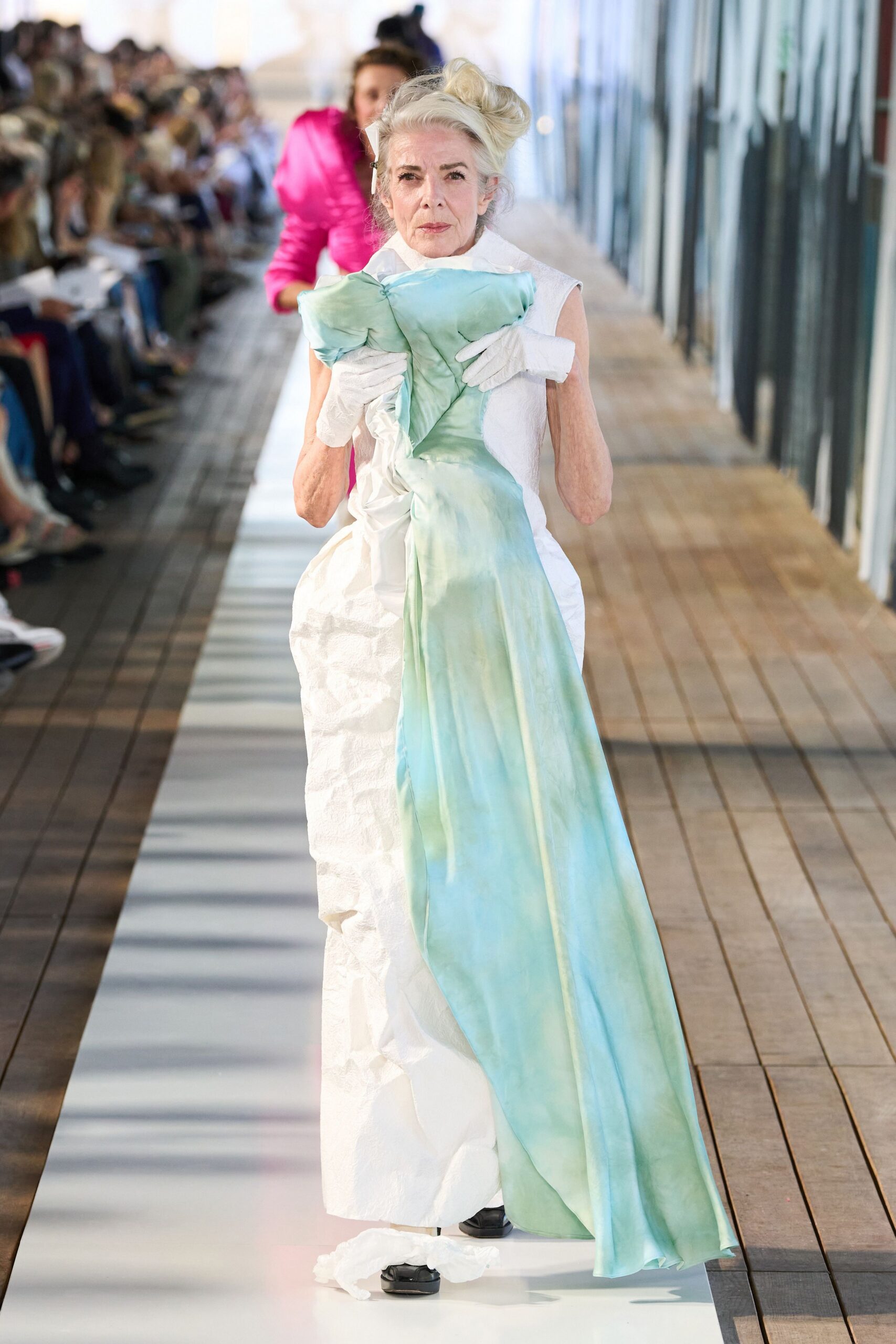 white silk draped midi dress