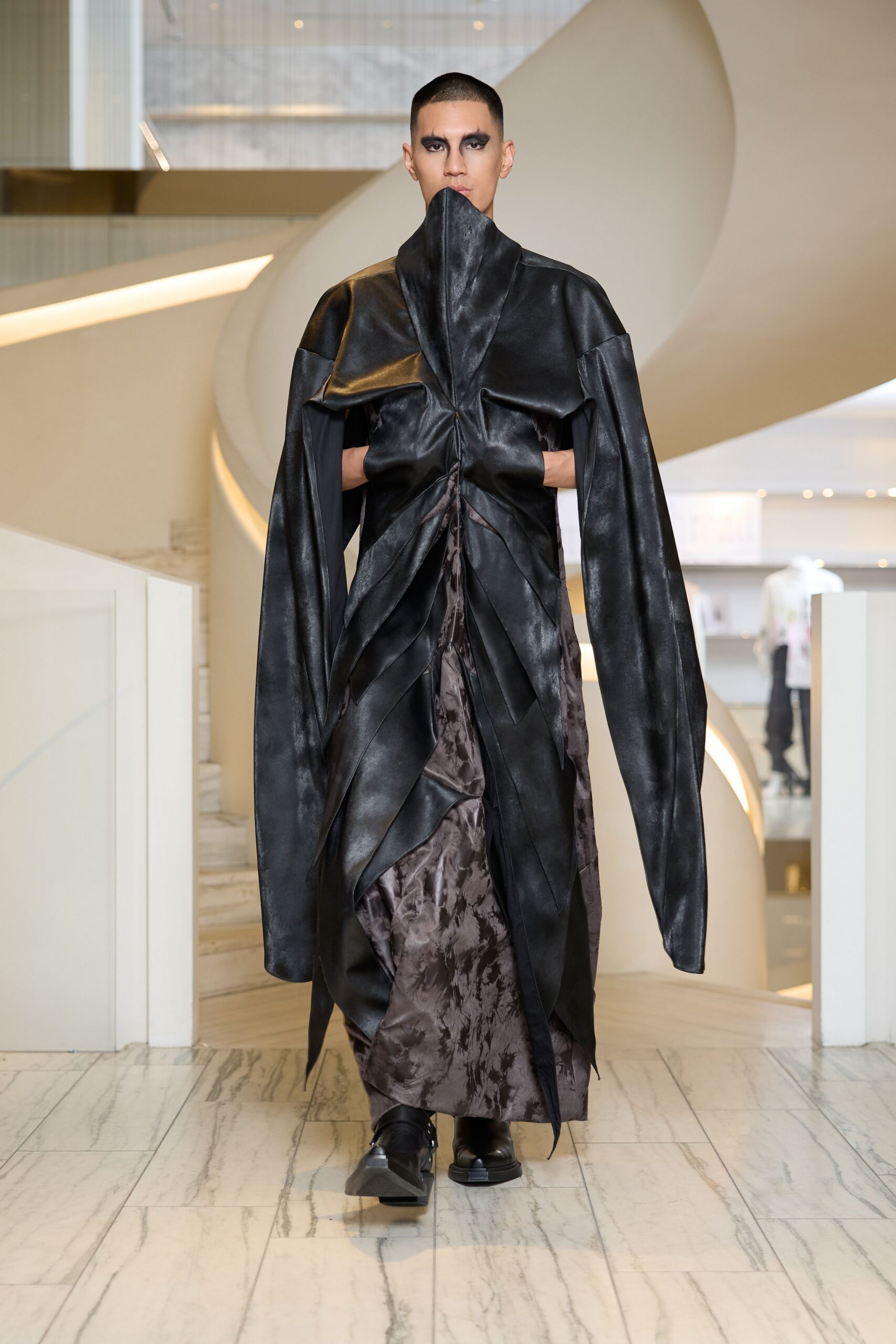 black leather long-sleeve v-neck fitted draped maxi dress
