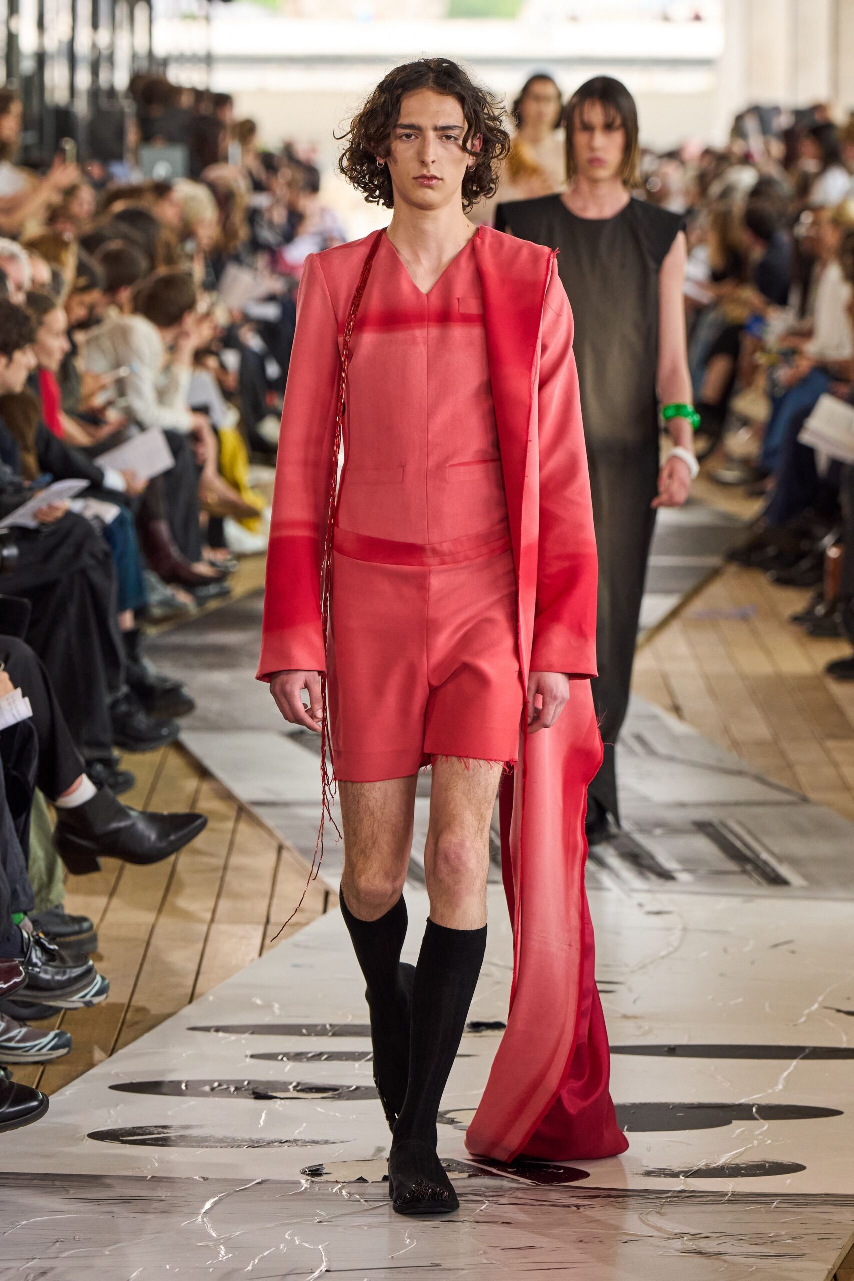 red silk long-sleeve relaxed layered flowing jacket