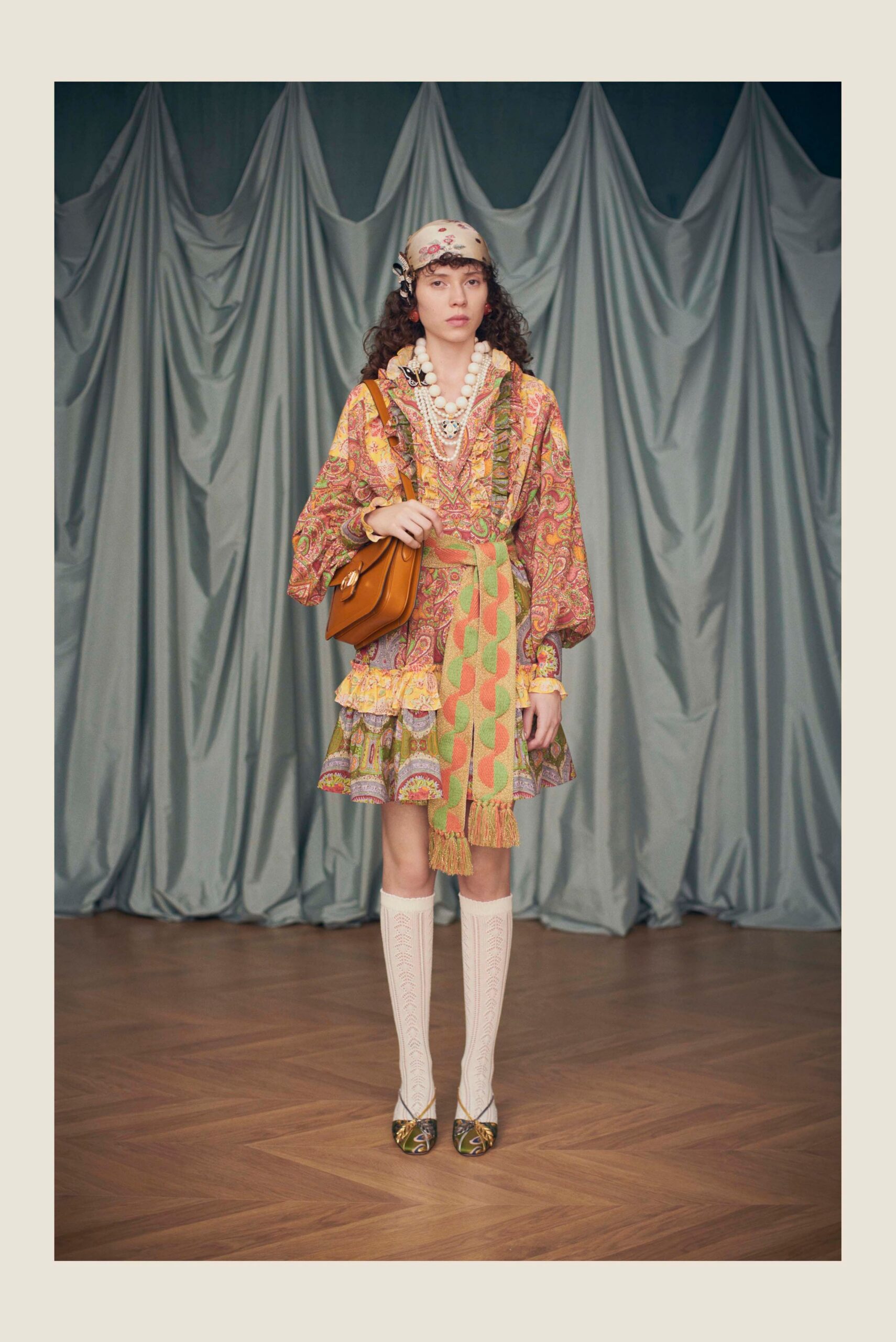 multi silk long-sleeve v-neck fitted ruffled flared dress