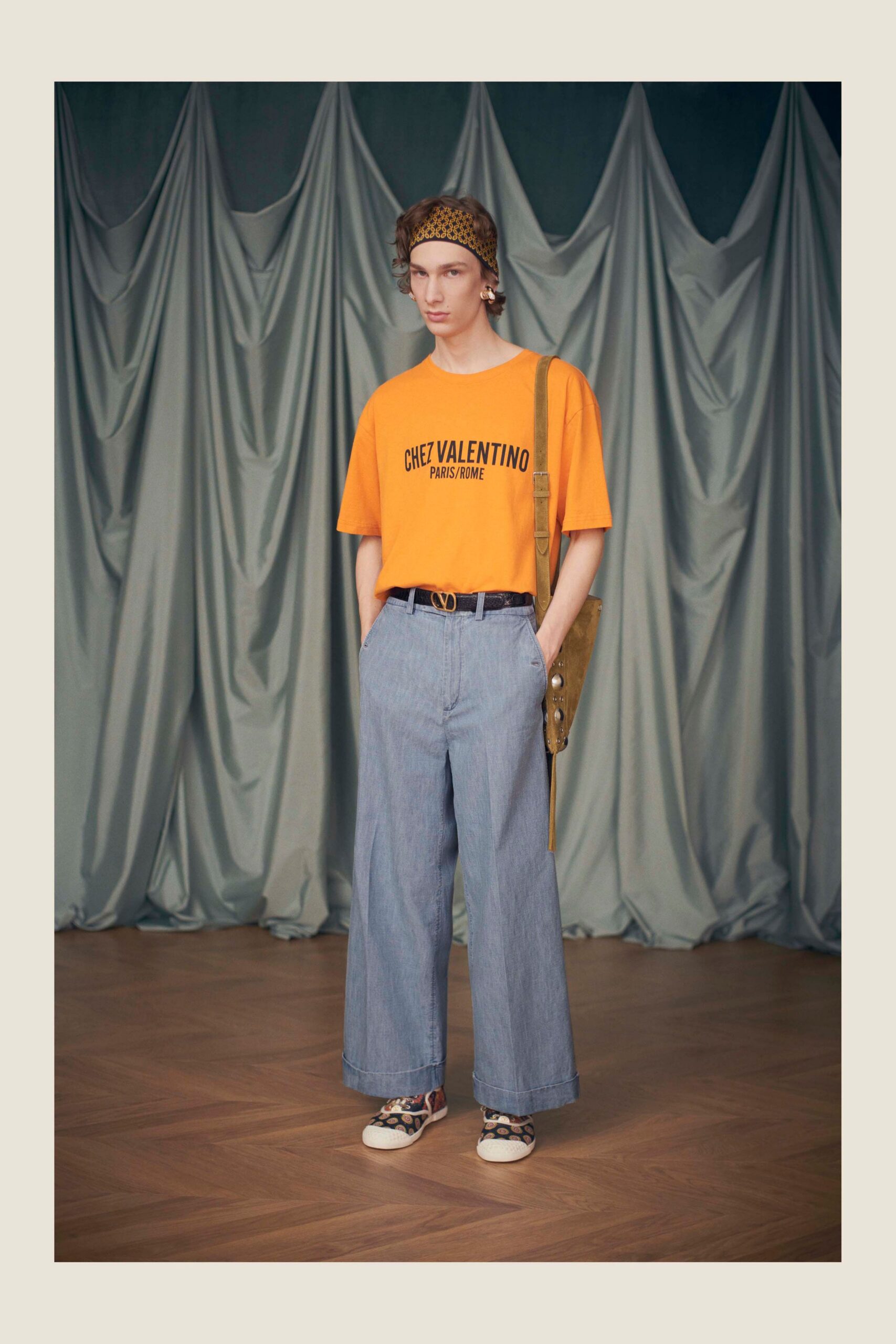 orange t-shirt with wide-leg pants