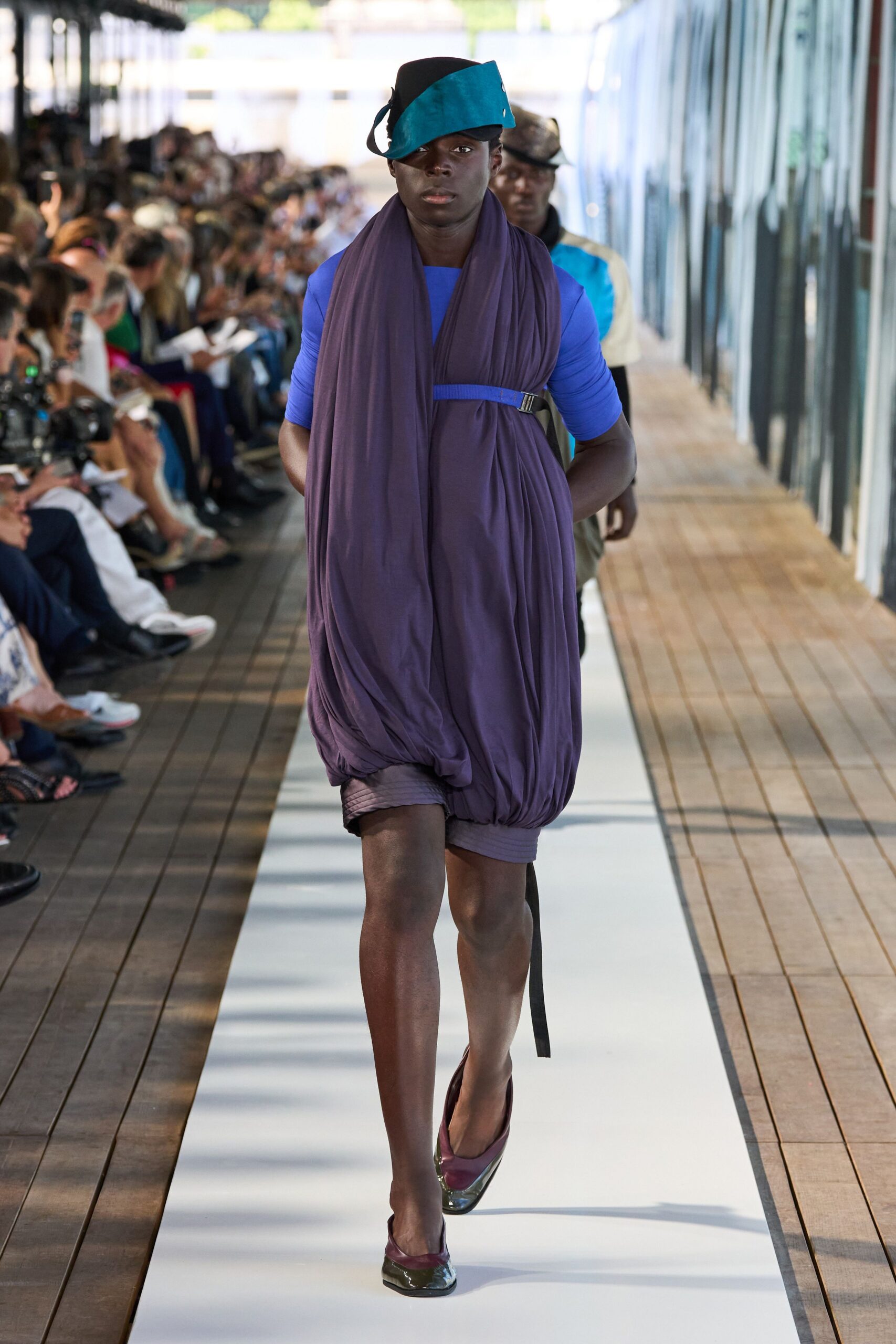 purple draped dress with blue top