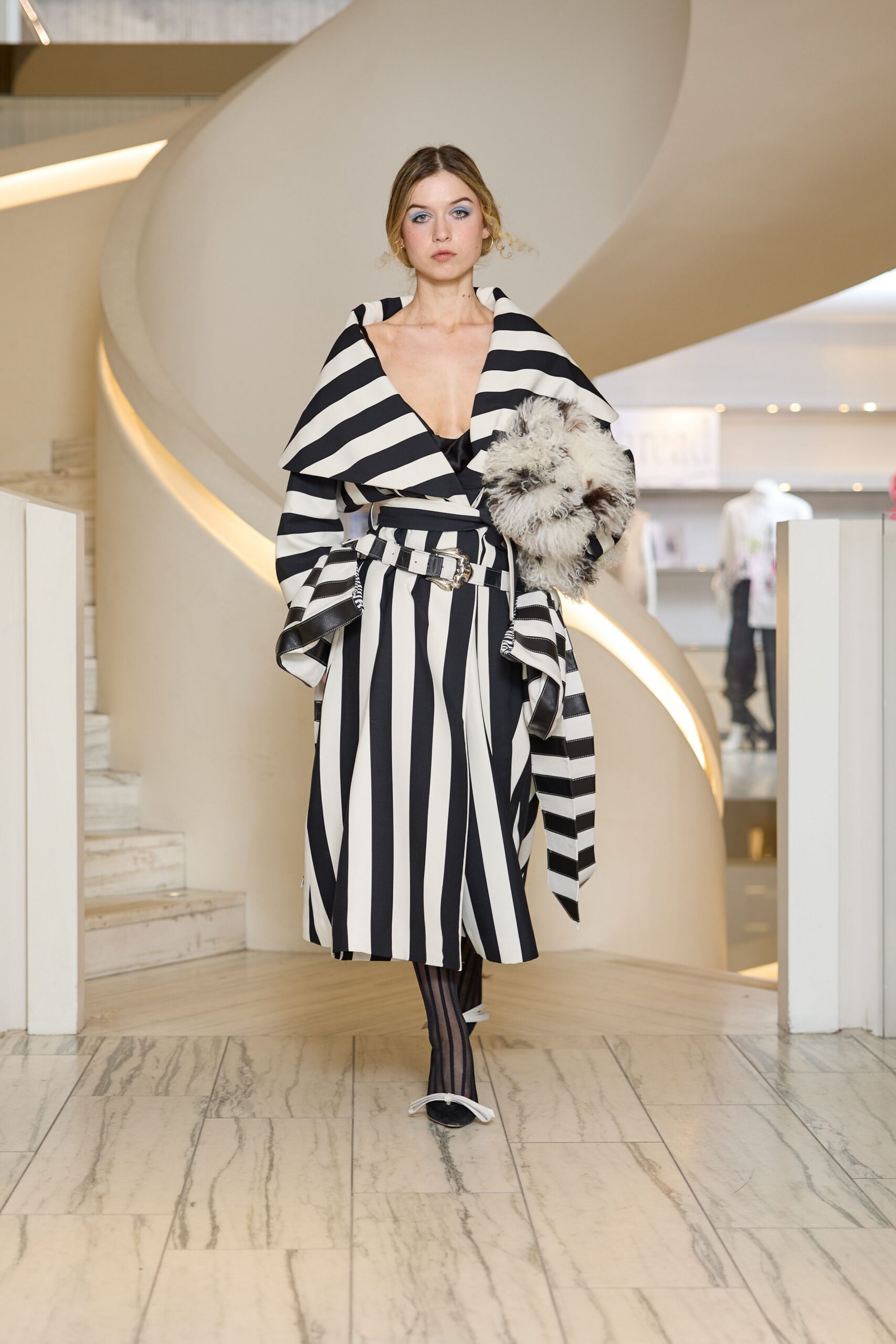 black cotton long-sleeve v-neck fitted striped belted dress