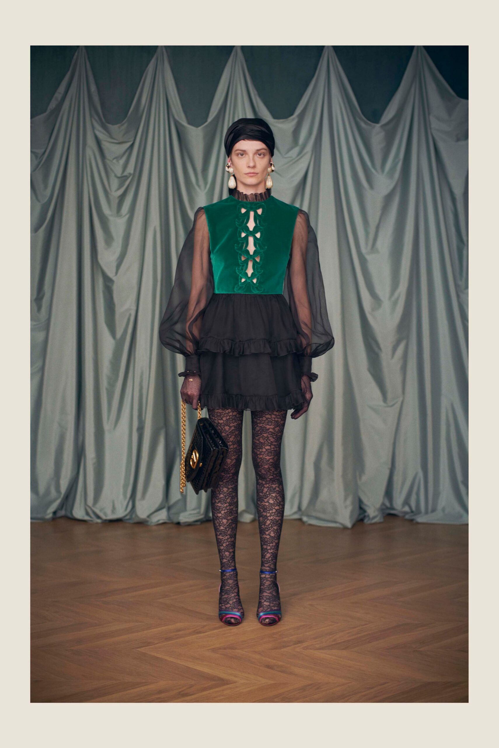 green silk long-sleeve v-neck fitted ruffled layered dress