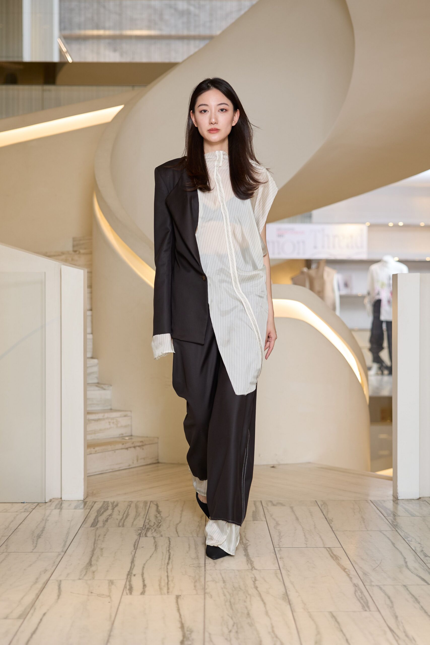 black blazer white shirt-dress black pants