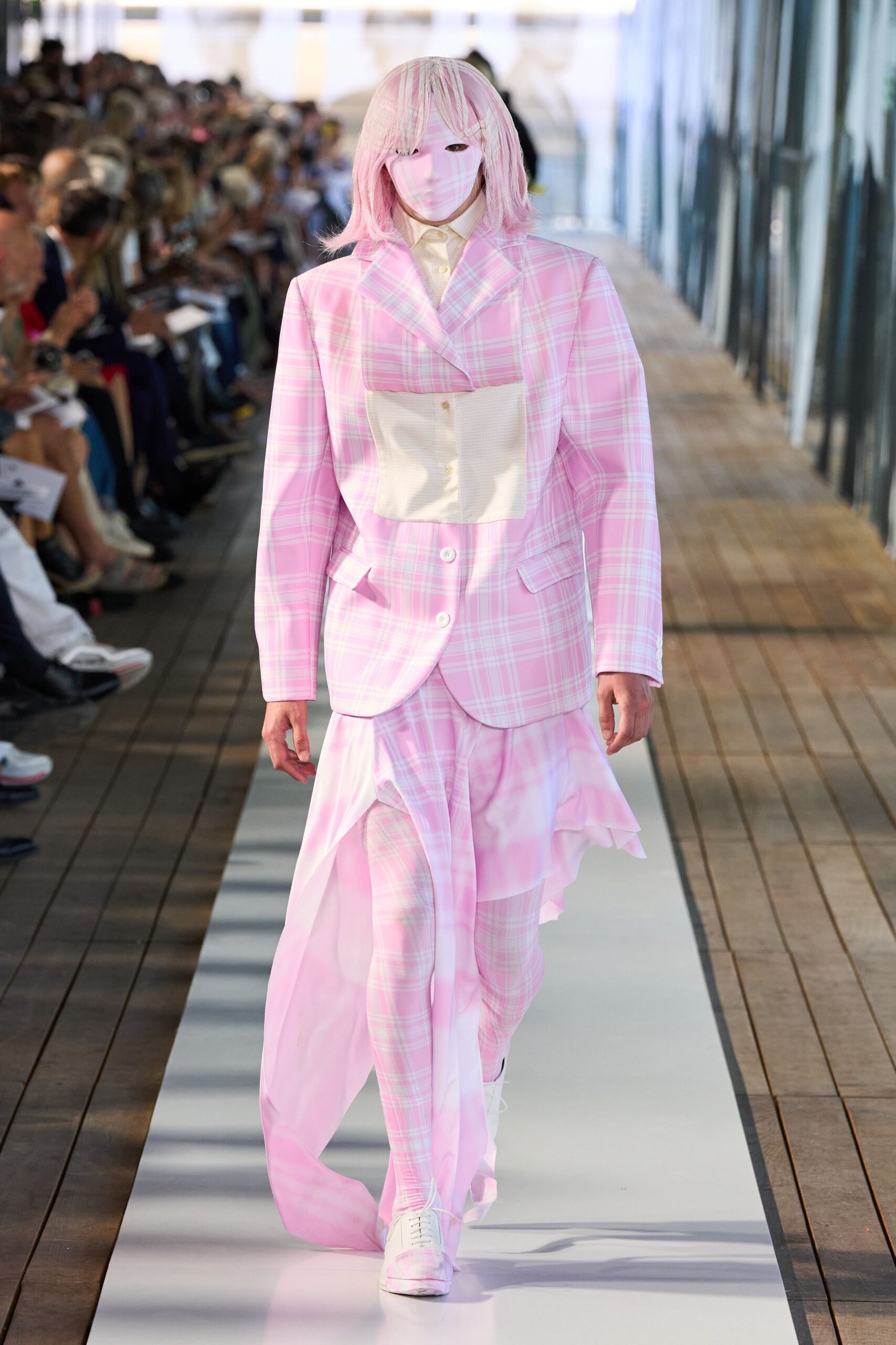 pink cotton long-sleeve collared structured checked blazer