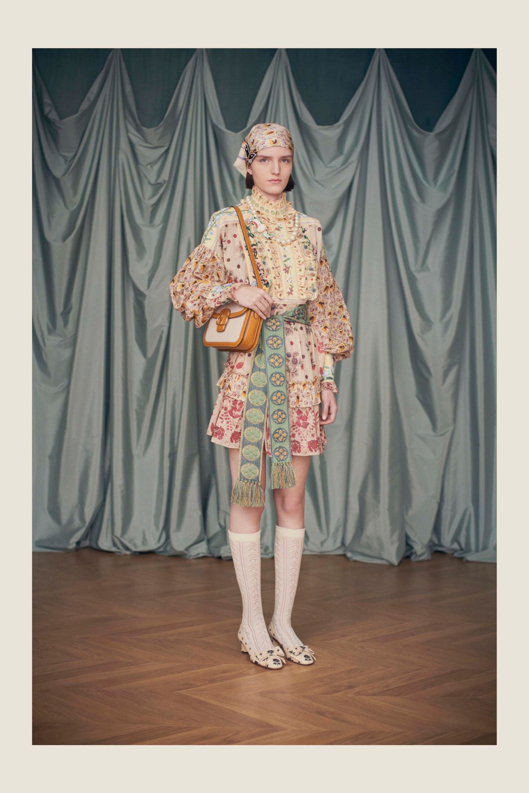 multi silk long-sleeve collared fitted ruffled embroidered dress