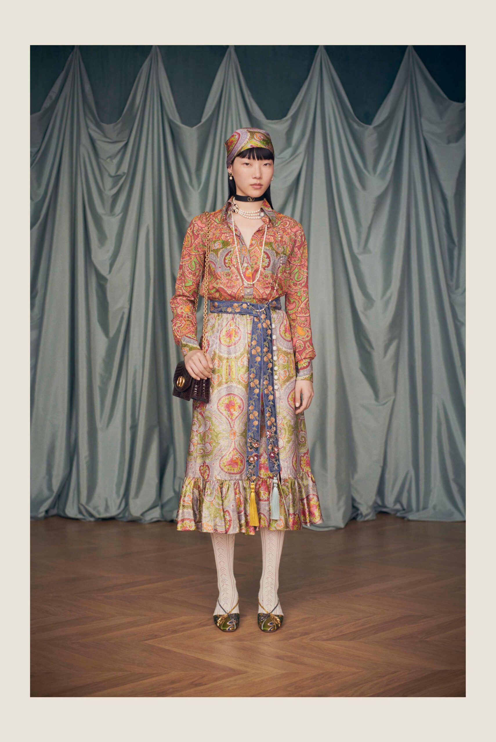 multi silk long-sleeve collared fitted flared tiered dress