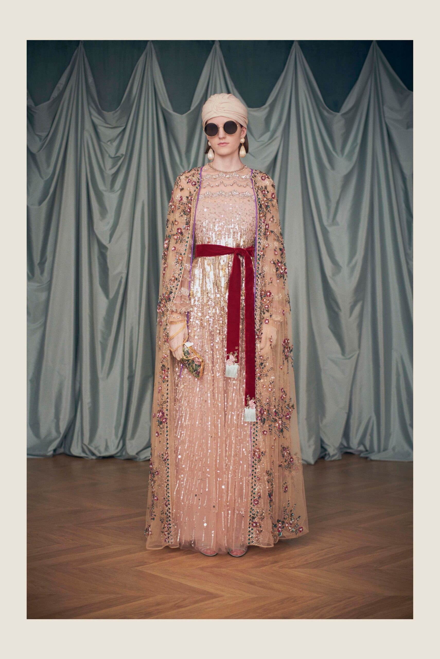 pink embroidered maxi gown with cape