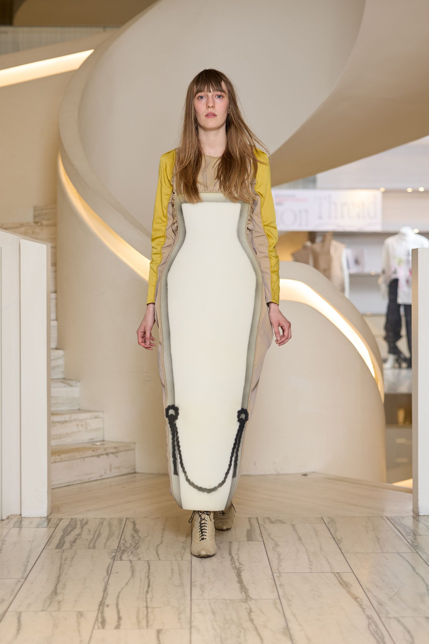 white beige yellow fitted dress with boots