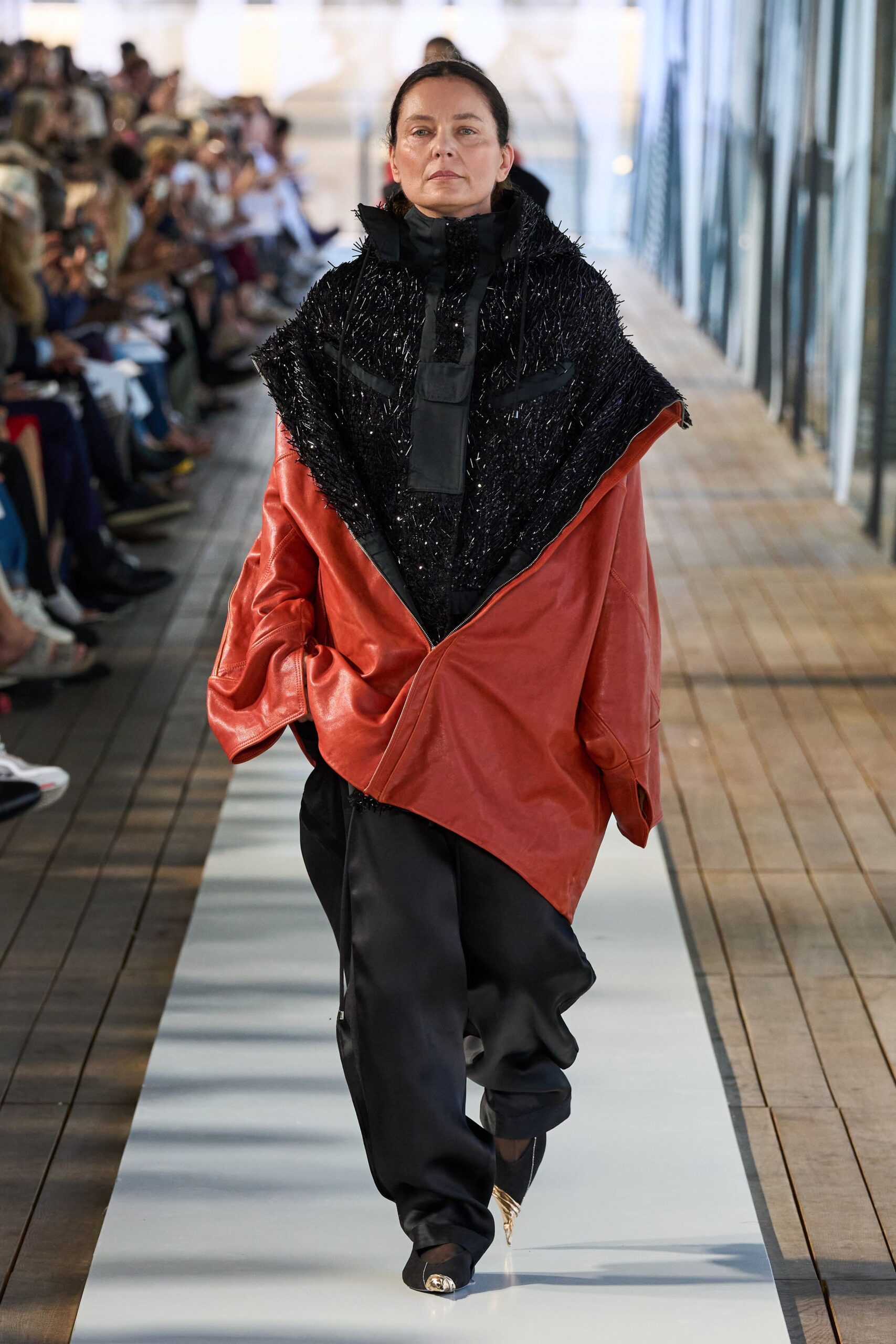 red leather long-sleeve collared oversized zippered layered jacket