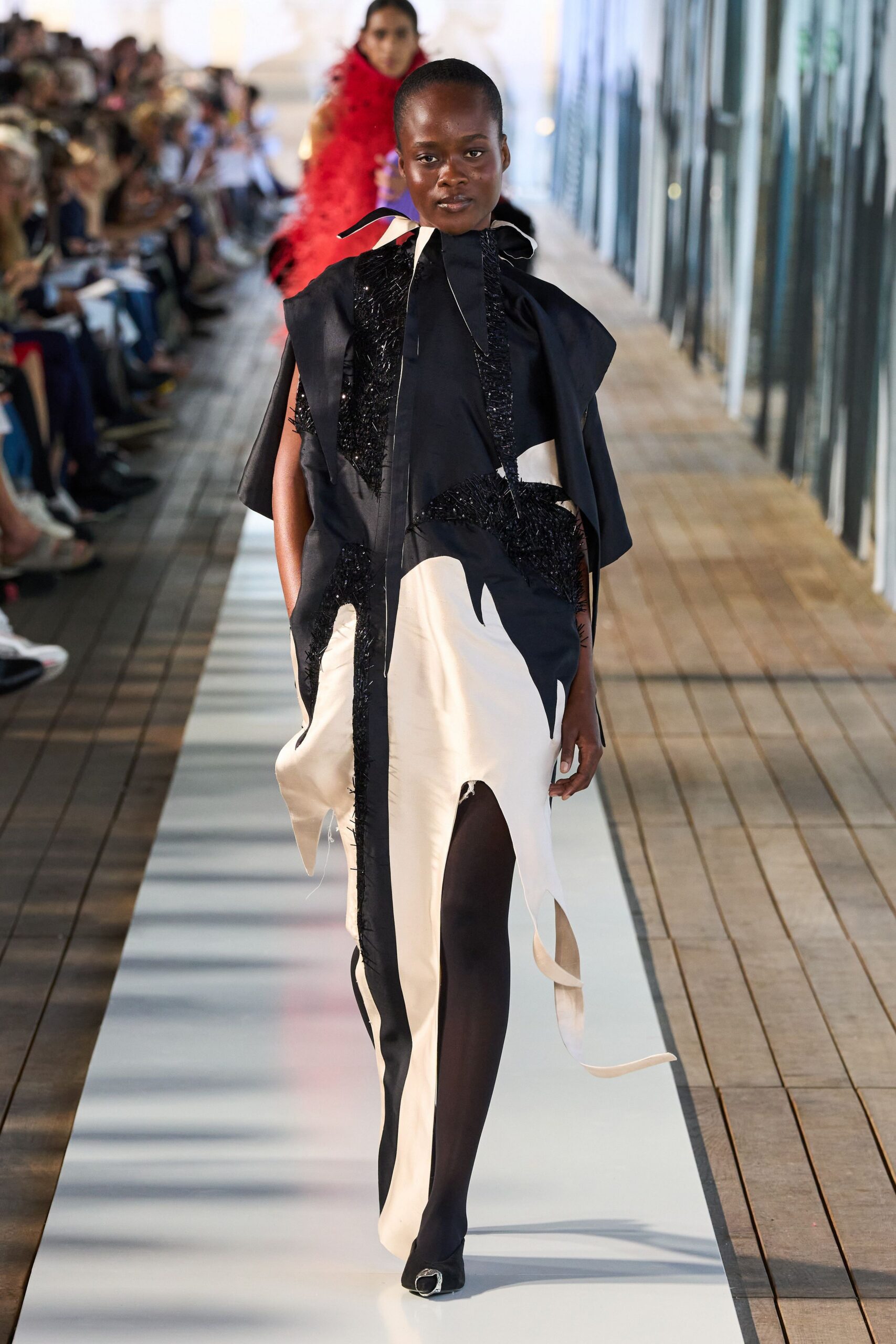 black and beige asymmetric dress