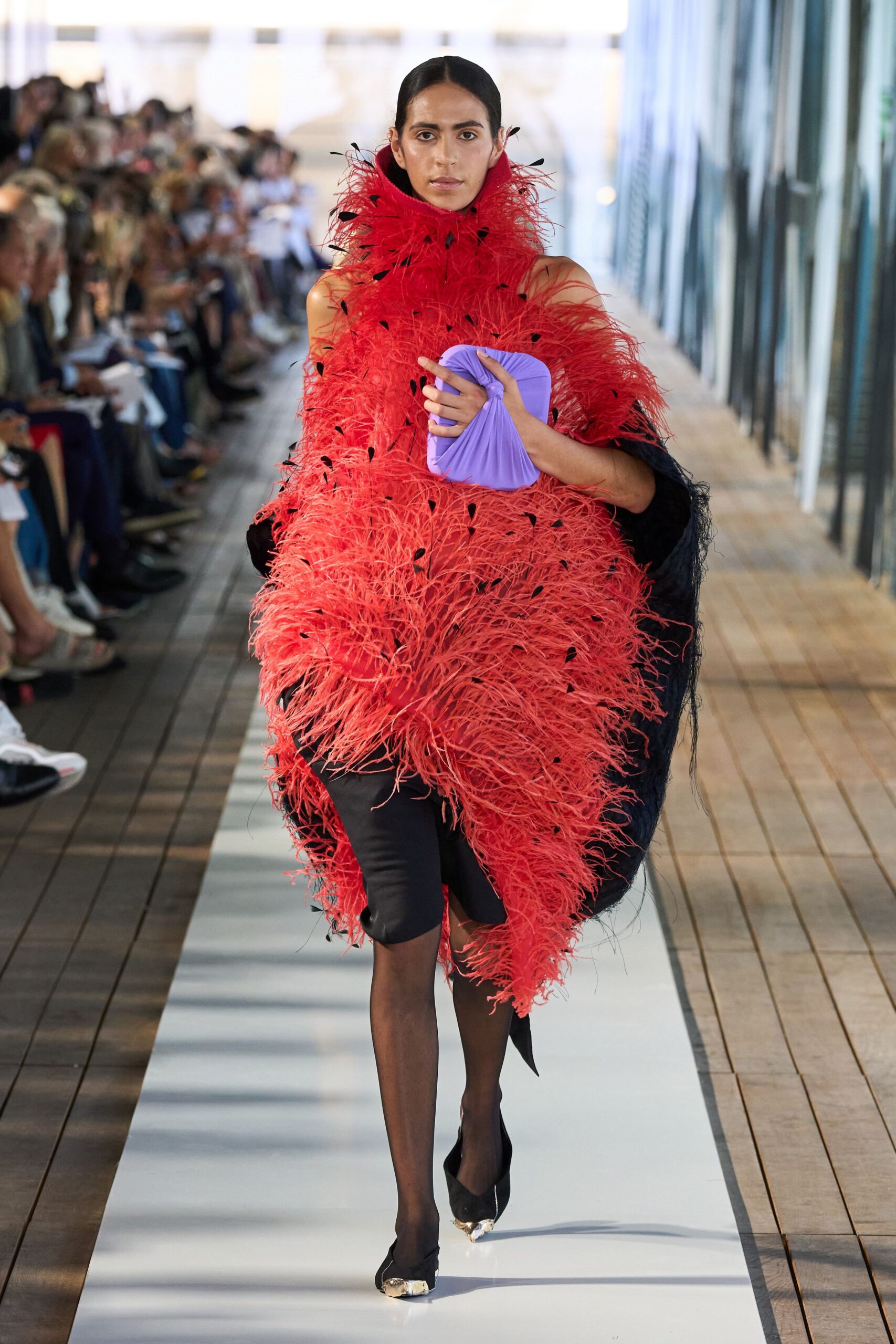 red feather sleeveless off-shoulder fitted fringed flowing dress