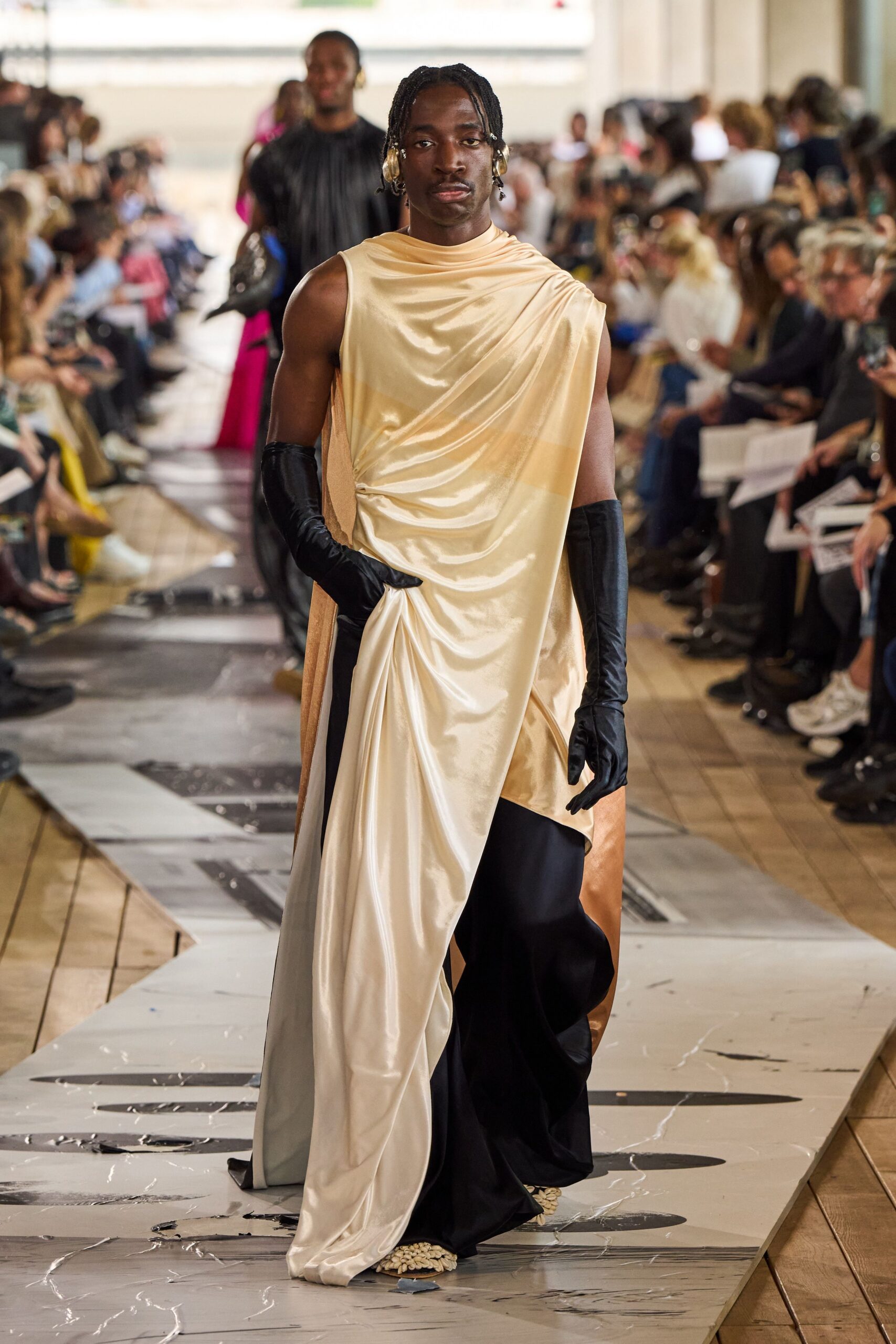 gold silk sleeveless fitted draped maxi dress