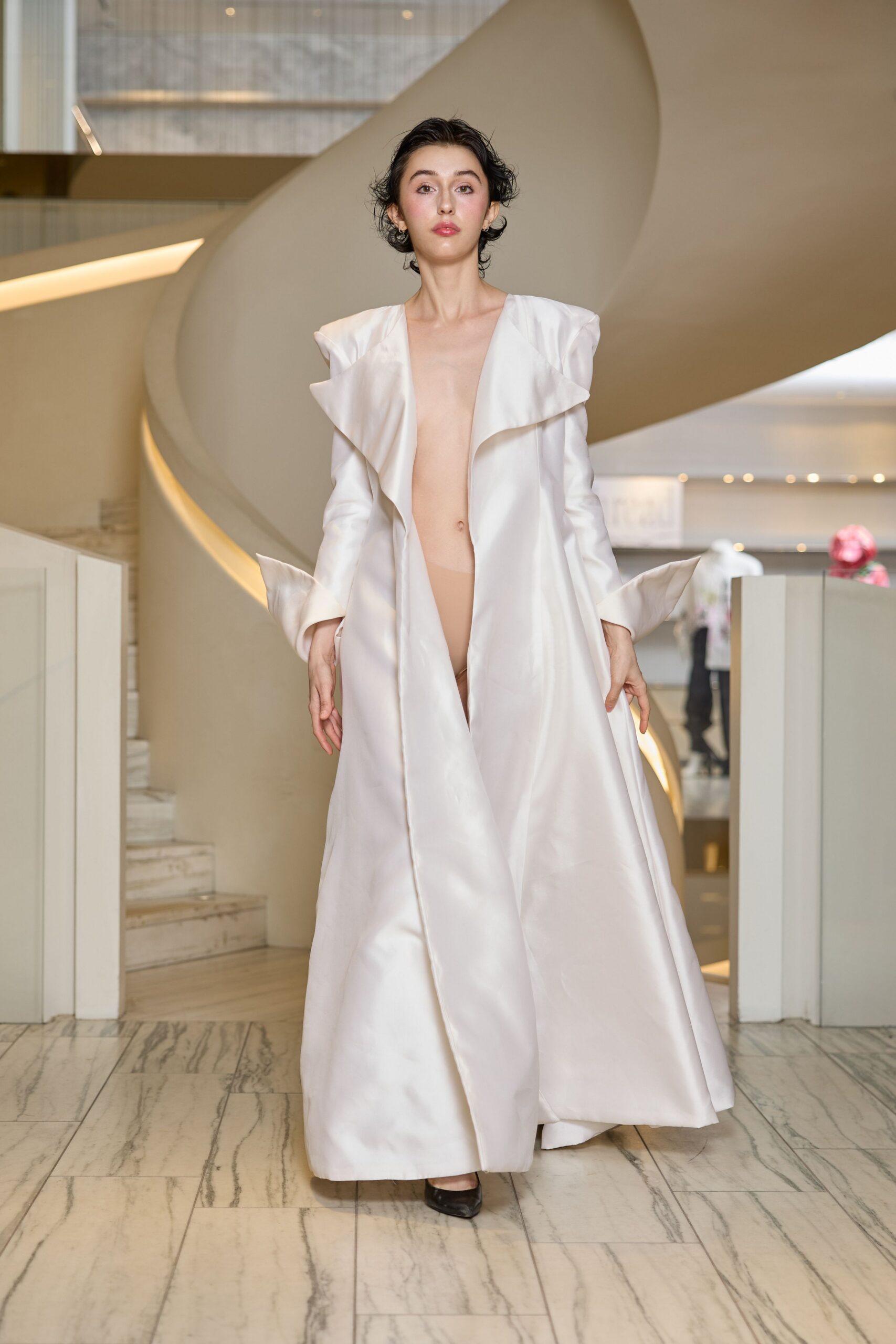 white satin ruffled coat