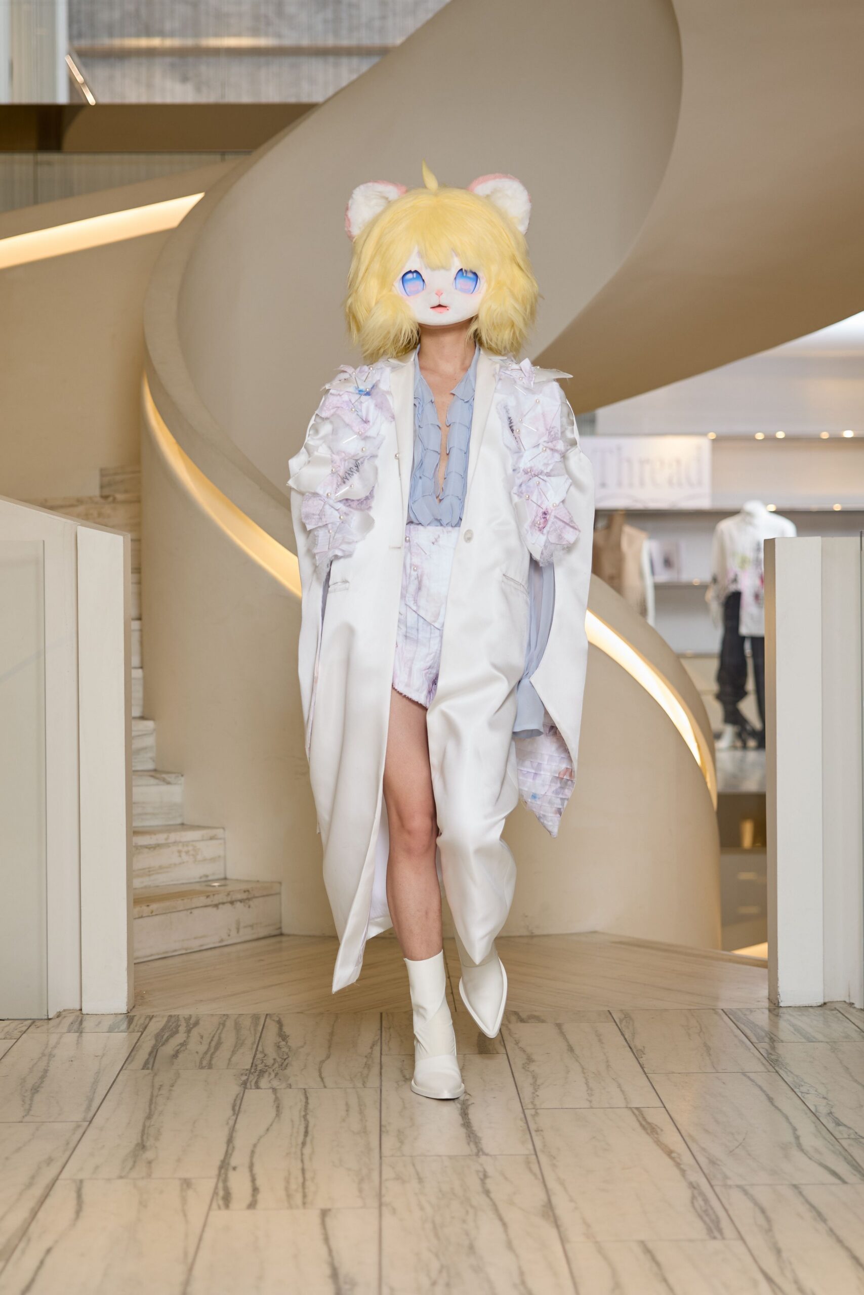 white silk coat with light blue shirt and shorts