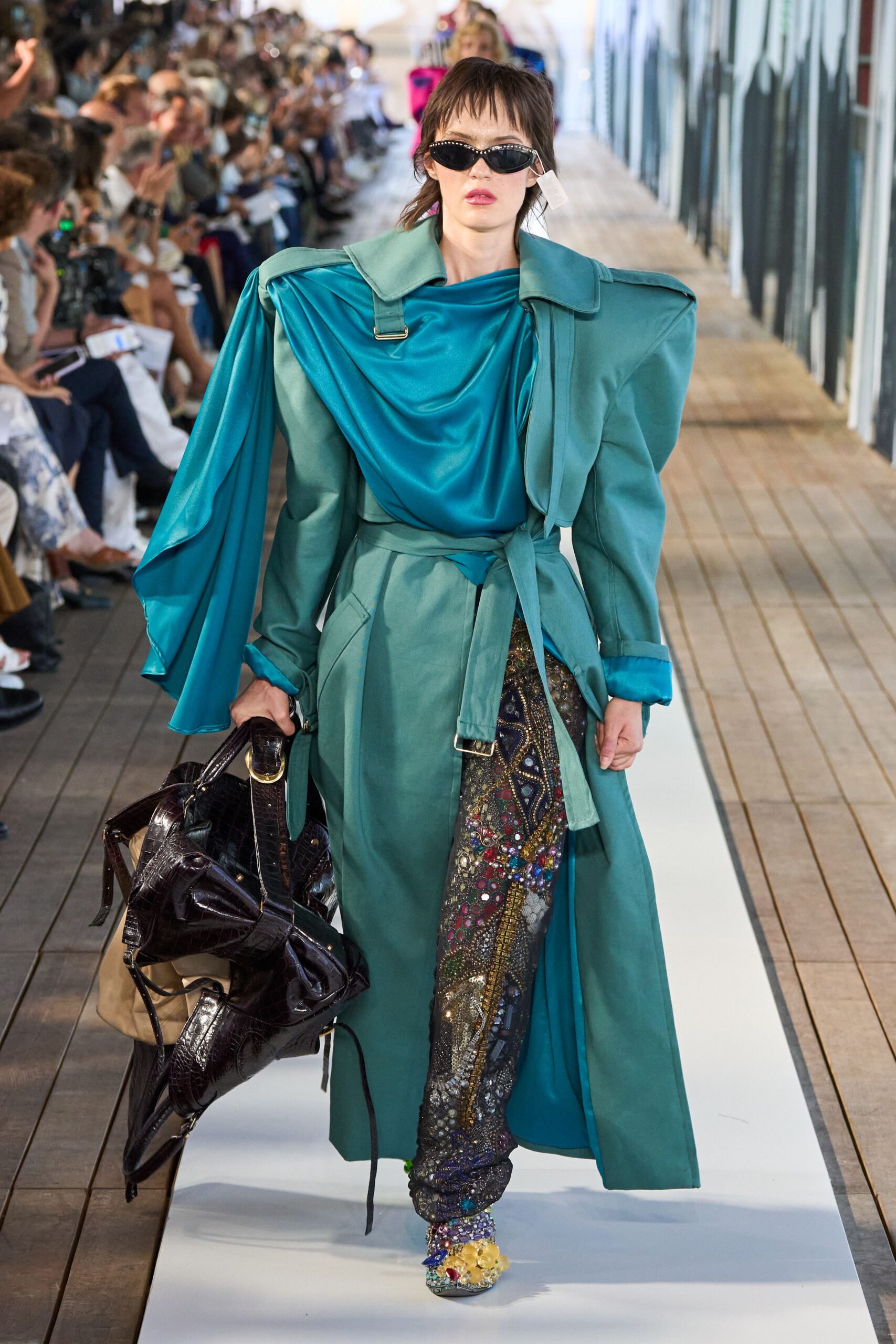 teal silk long-sleeve collared structured belted draped coat