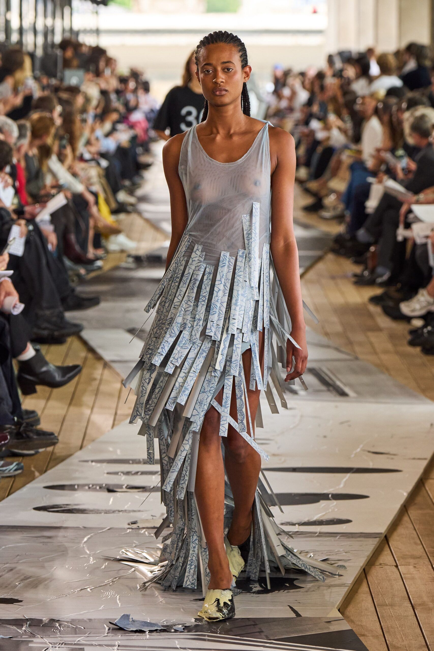 gray mesh sleeveless v-neck fitted fringed sheer dress