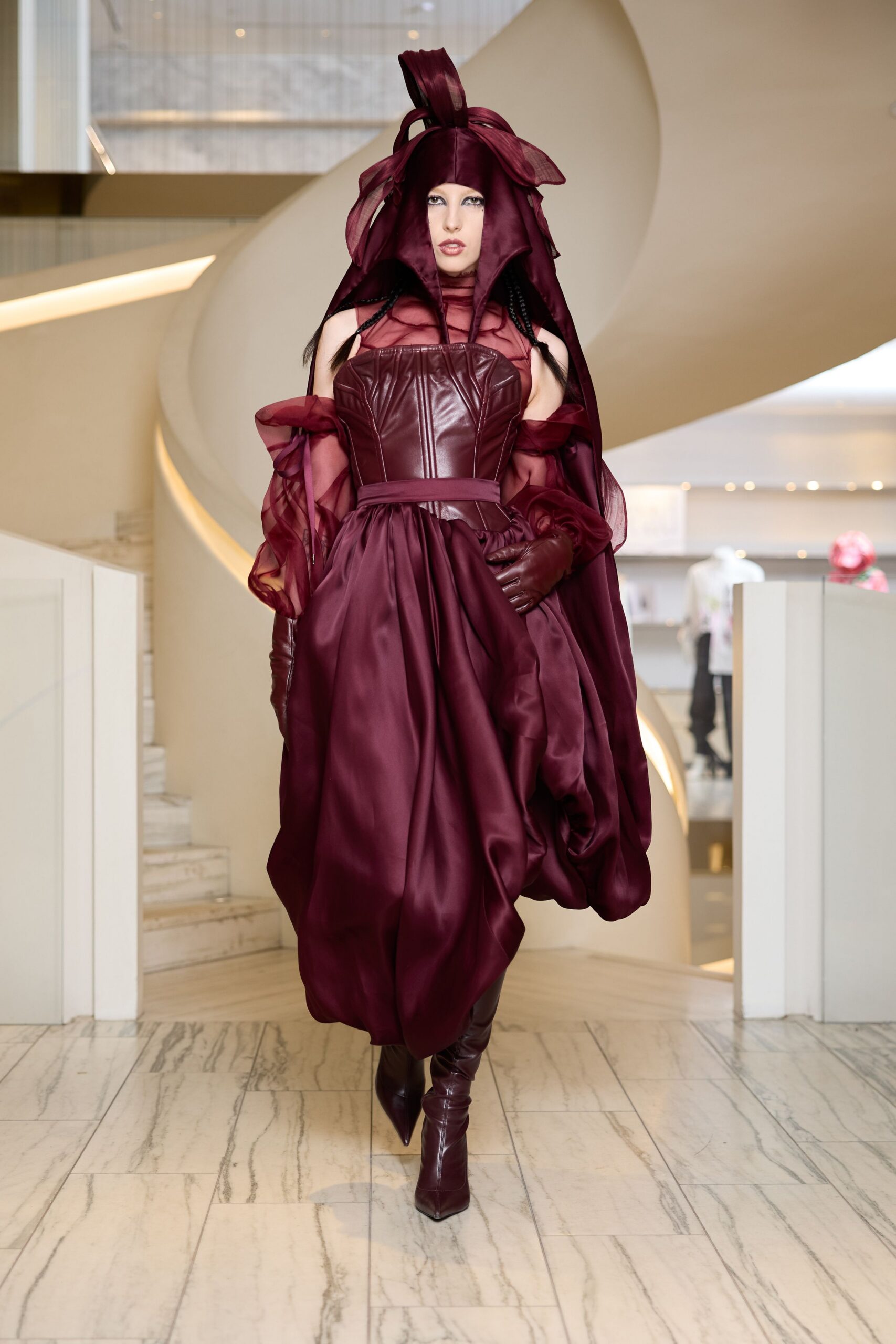 maroon silk fitted embellished hat