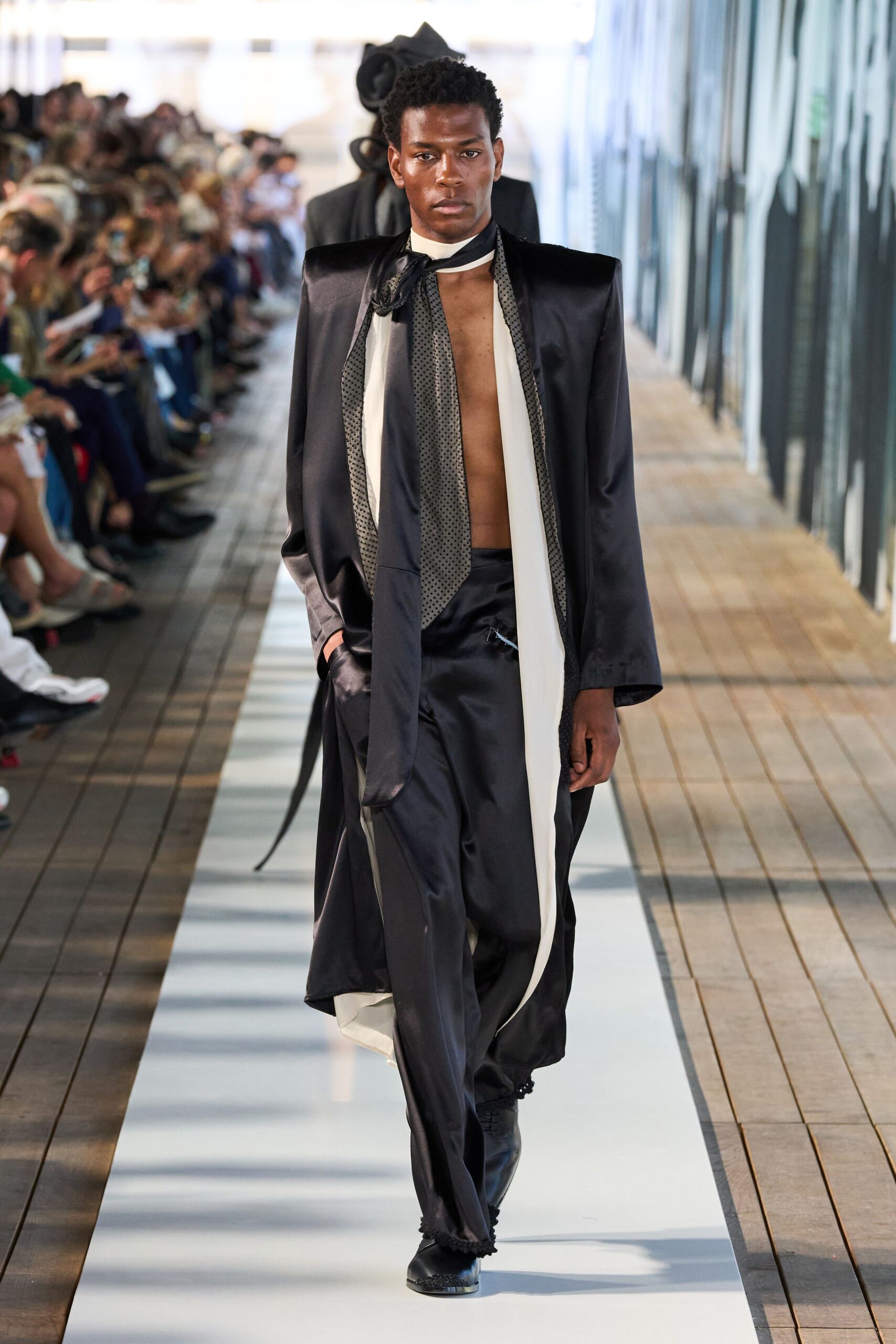 black silk long-sleeve collared relaxed draped coat