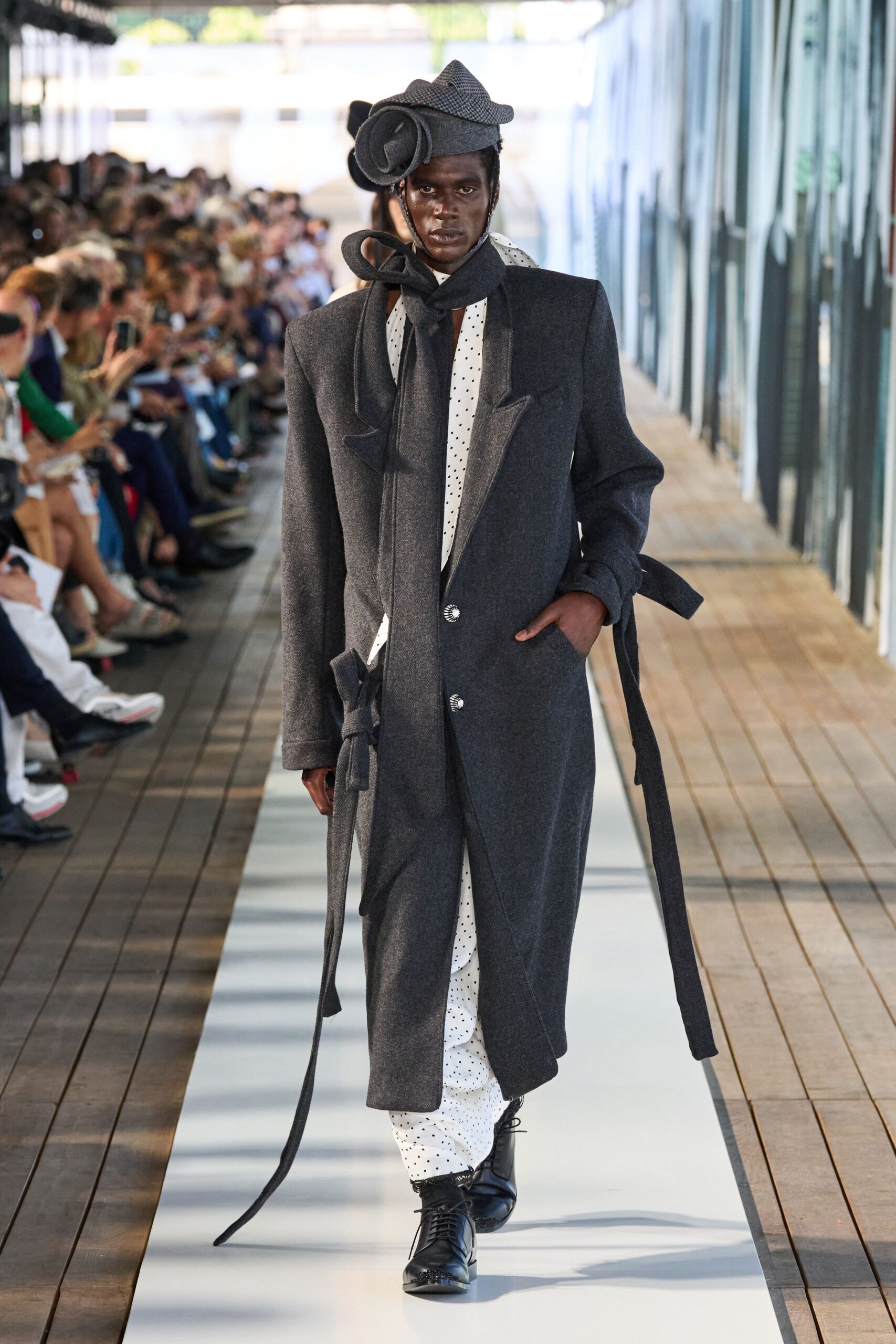 gray wool coat with polka-dot pants