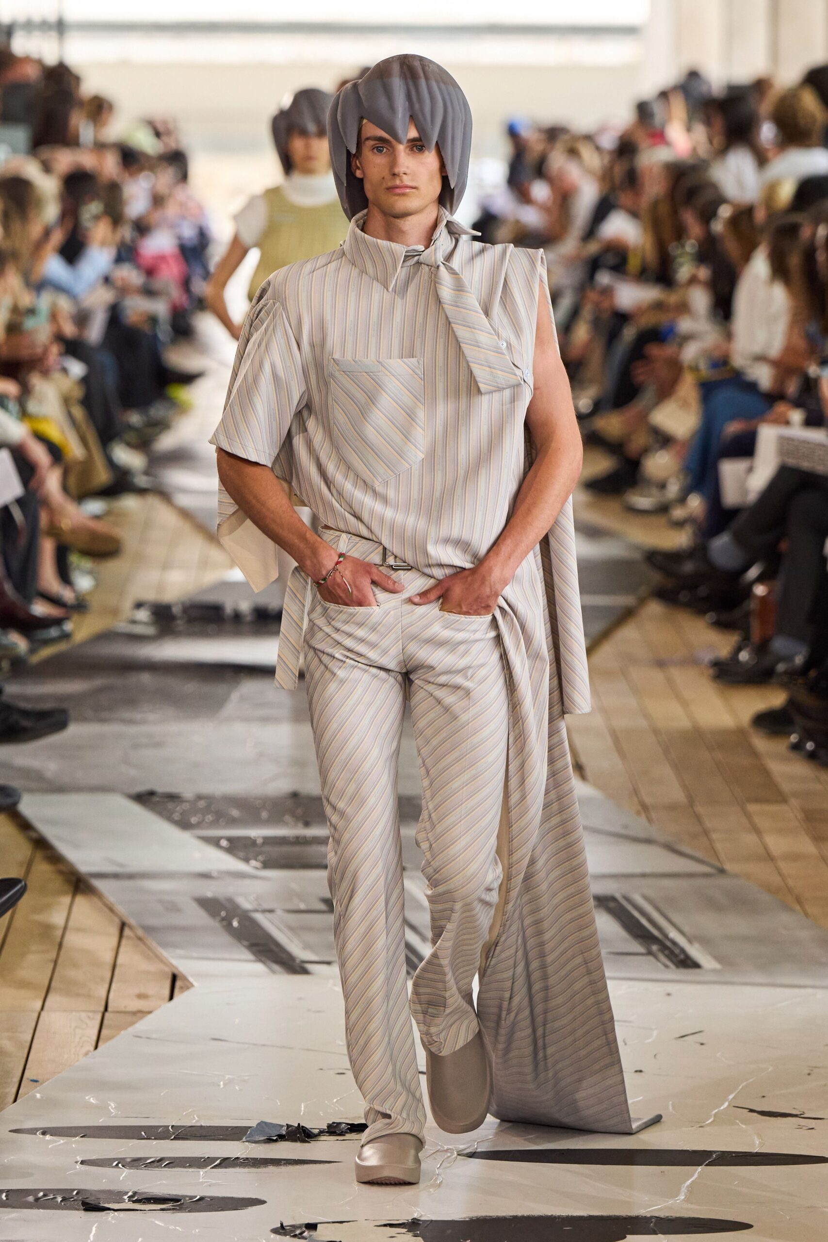 white cotton slim striped pants