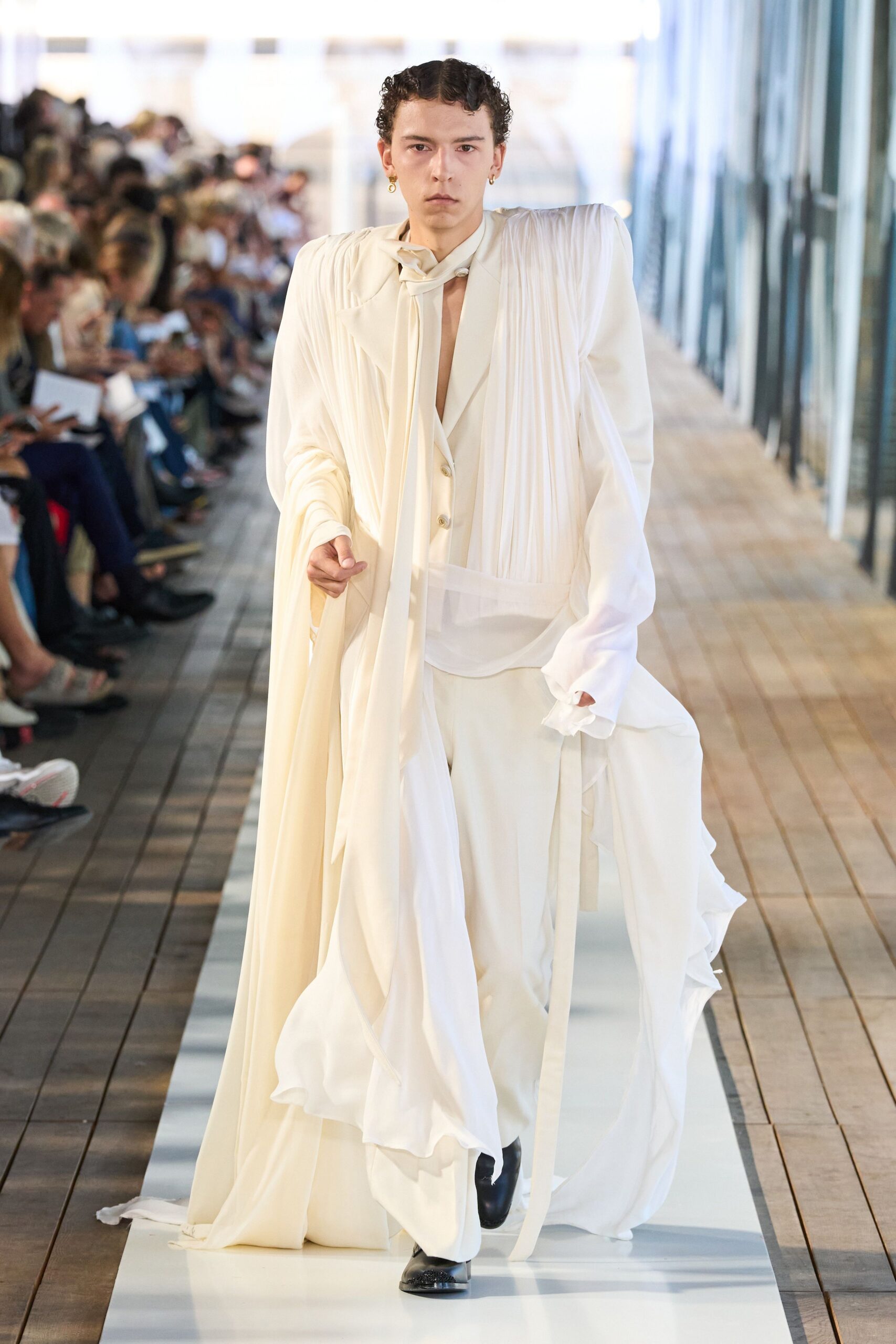 white silk long-sleeve collared fitted pleated draped gown