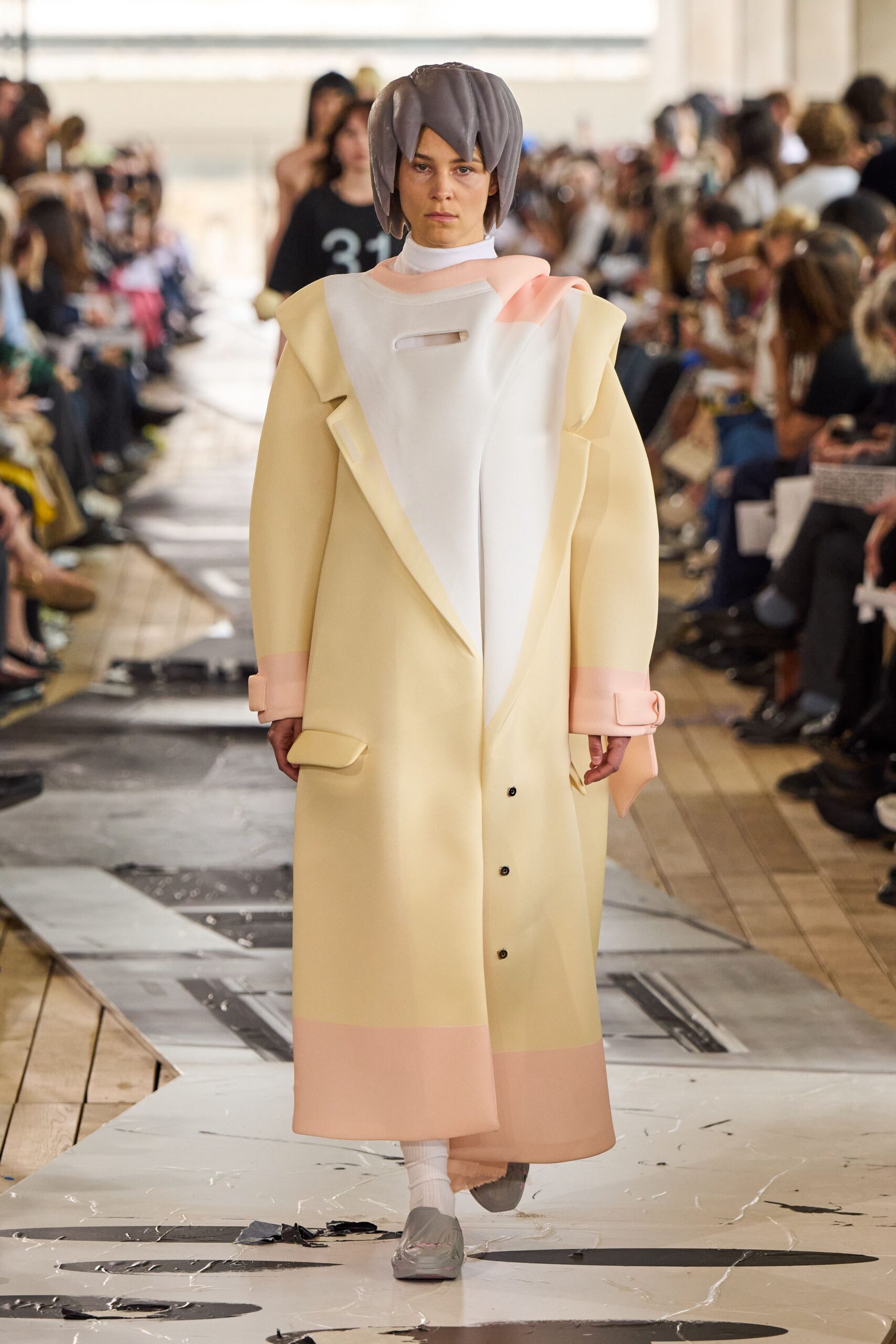 yellow cotton long-sleeve collared oversized buttoned maxi coat