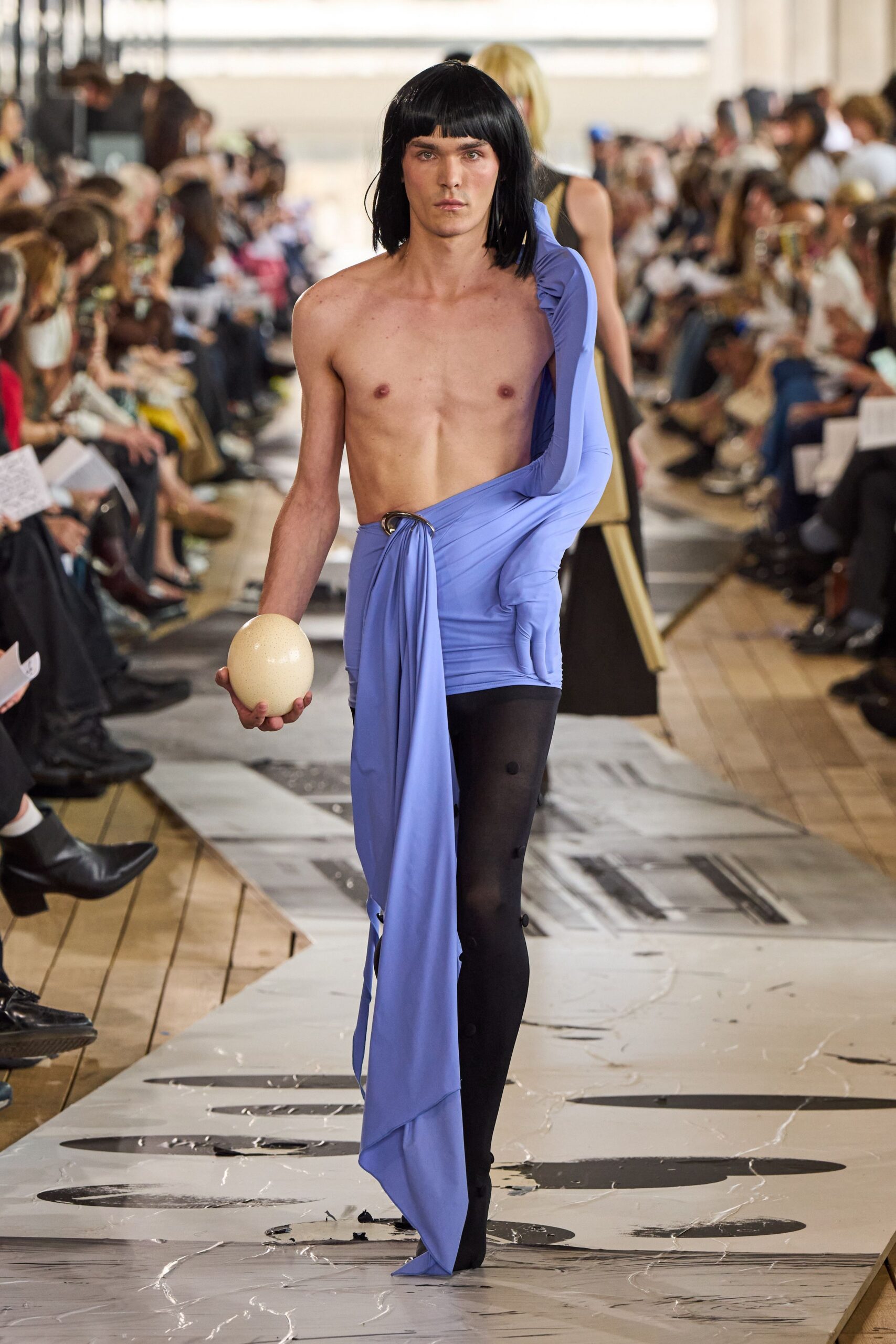 blue cotton sleeveless v-neck fitted draped midi dress