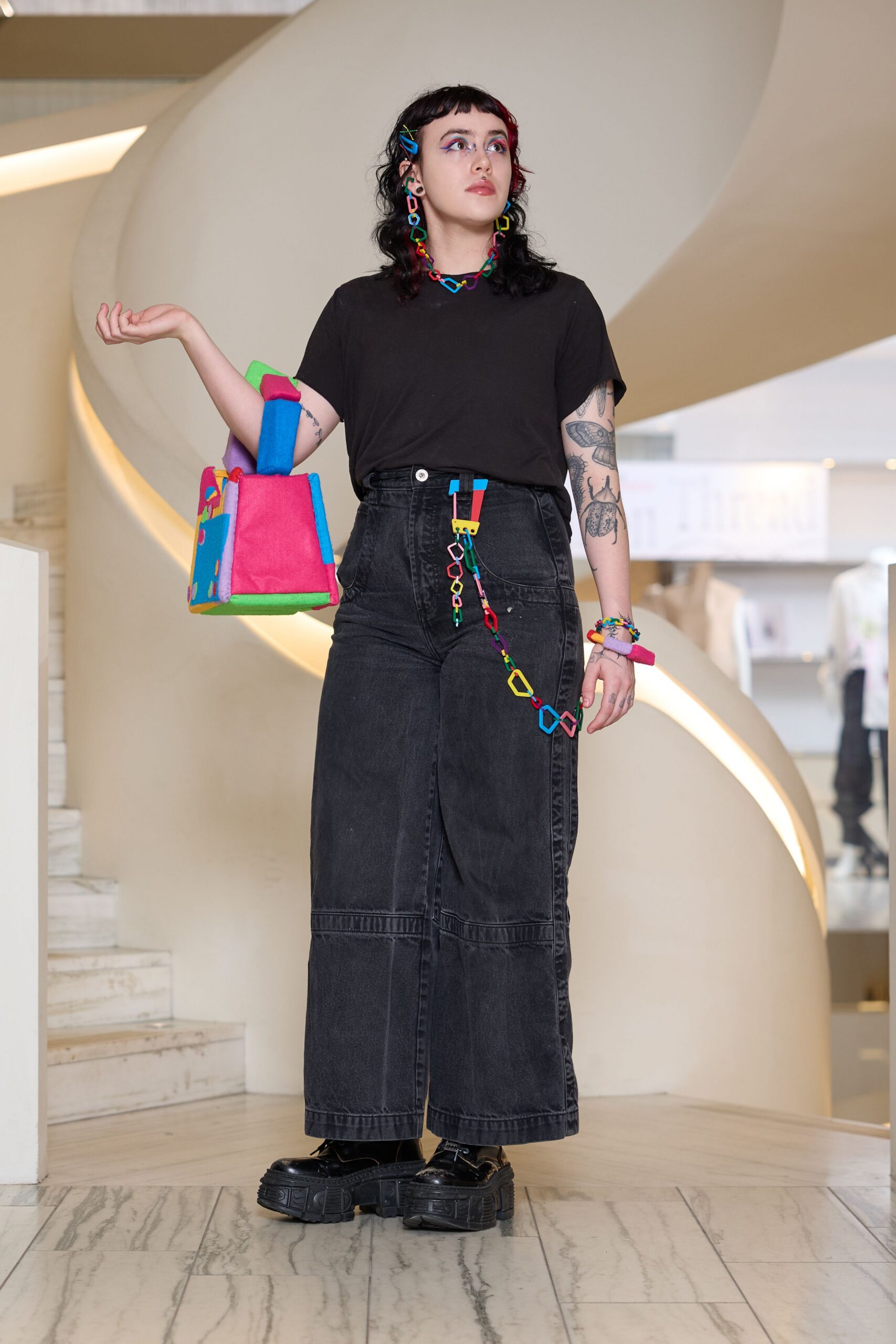 black denim fitted wide-leg pants