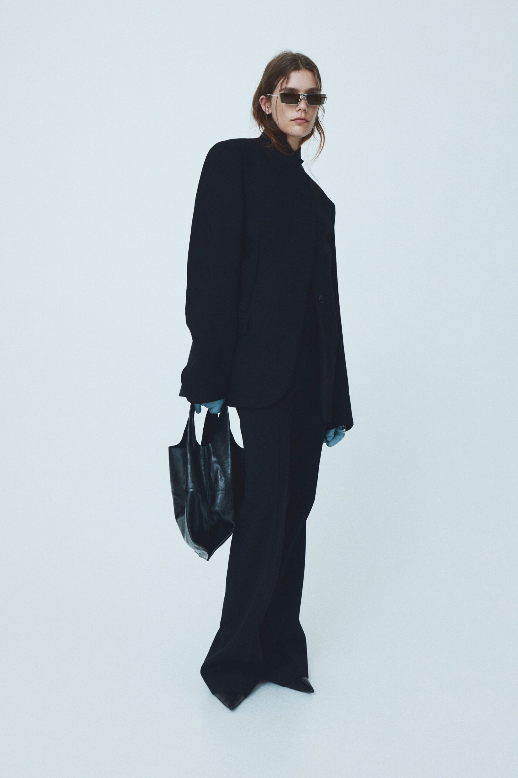 black wool relaxed flared pants