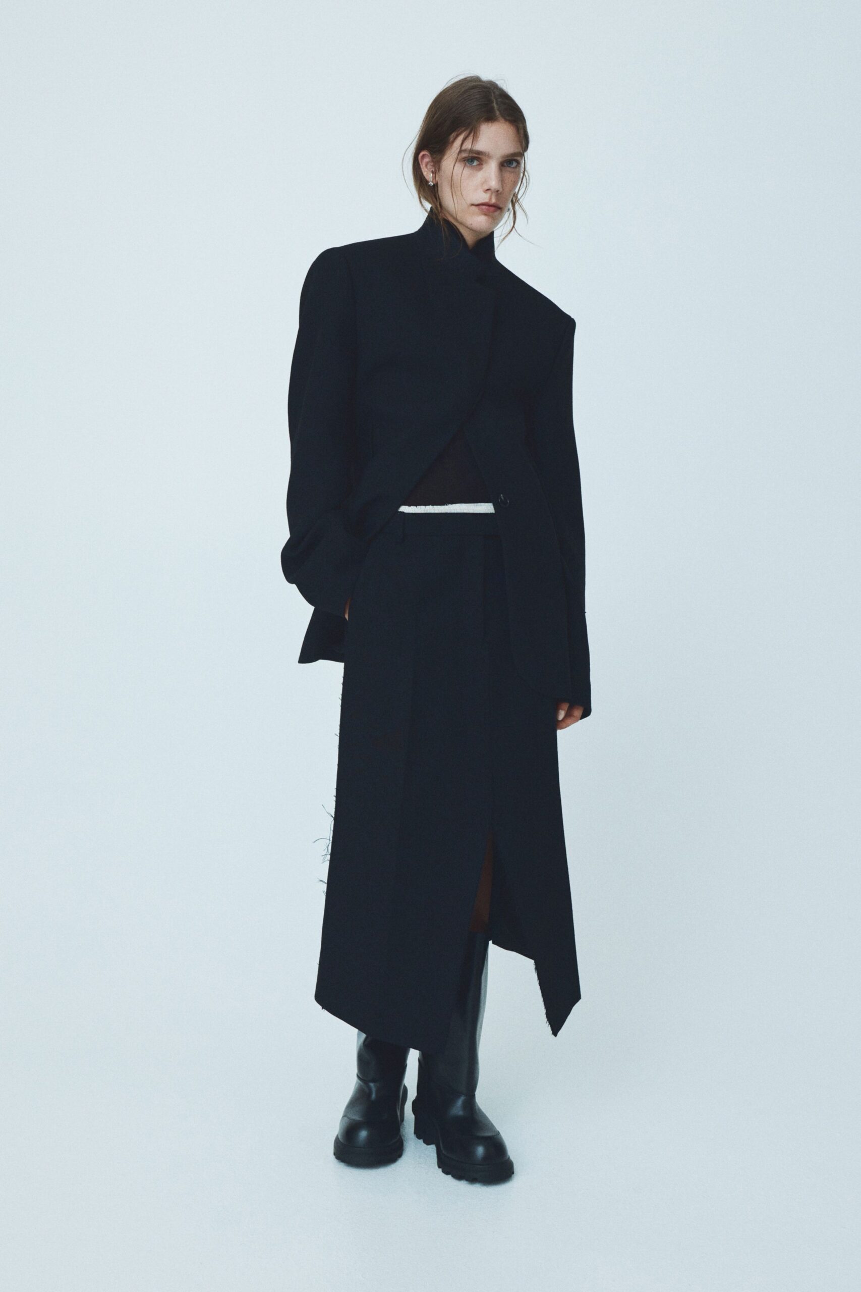 black wool long-sleeve slit fitted straight-leg skirt